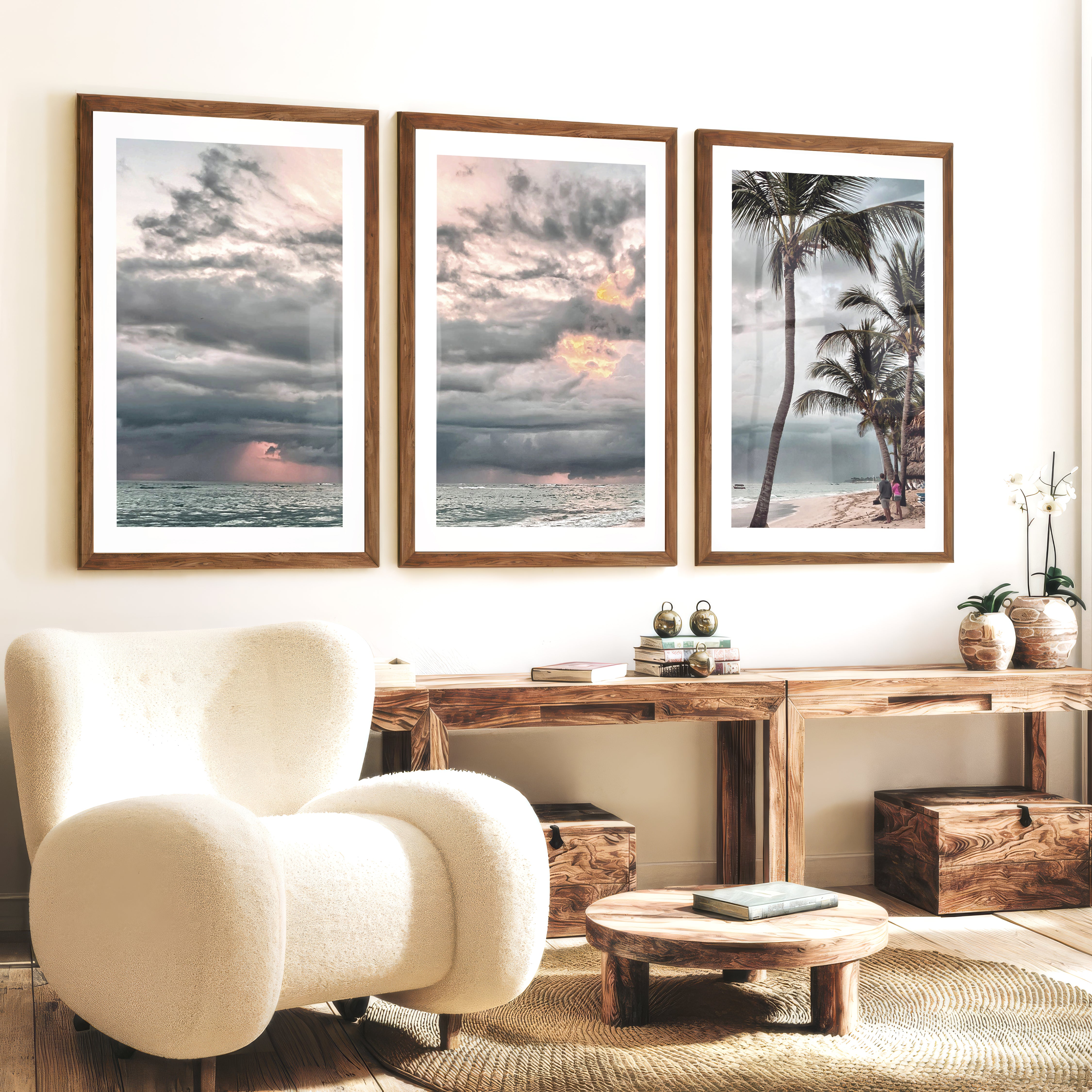 Stormy Palm Ocean Beach Wall Art - Dark Brown Framed Poster with White Border - Artworksets