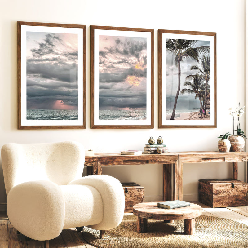 Stormy Palm Ocean Beach Wall Art - Dark Brown Framed Poster with White Border - Artworksets