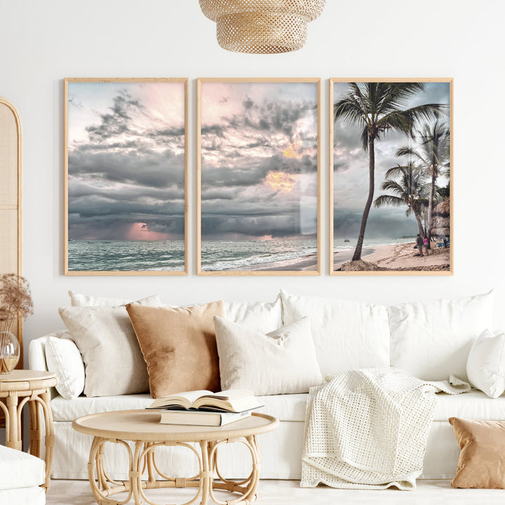 Stormy Palm Ocean Beach Wall Art - Natural Wood Framed Poster No Border - Artworksets