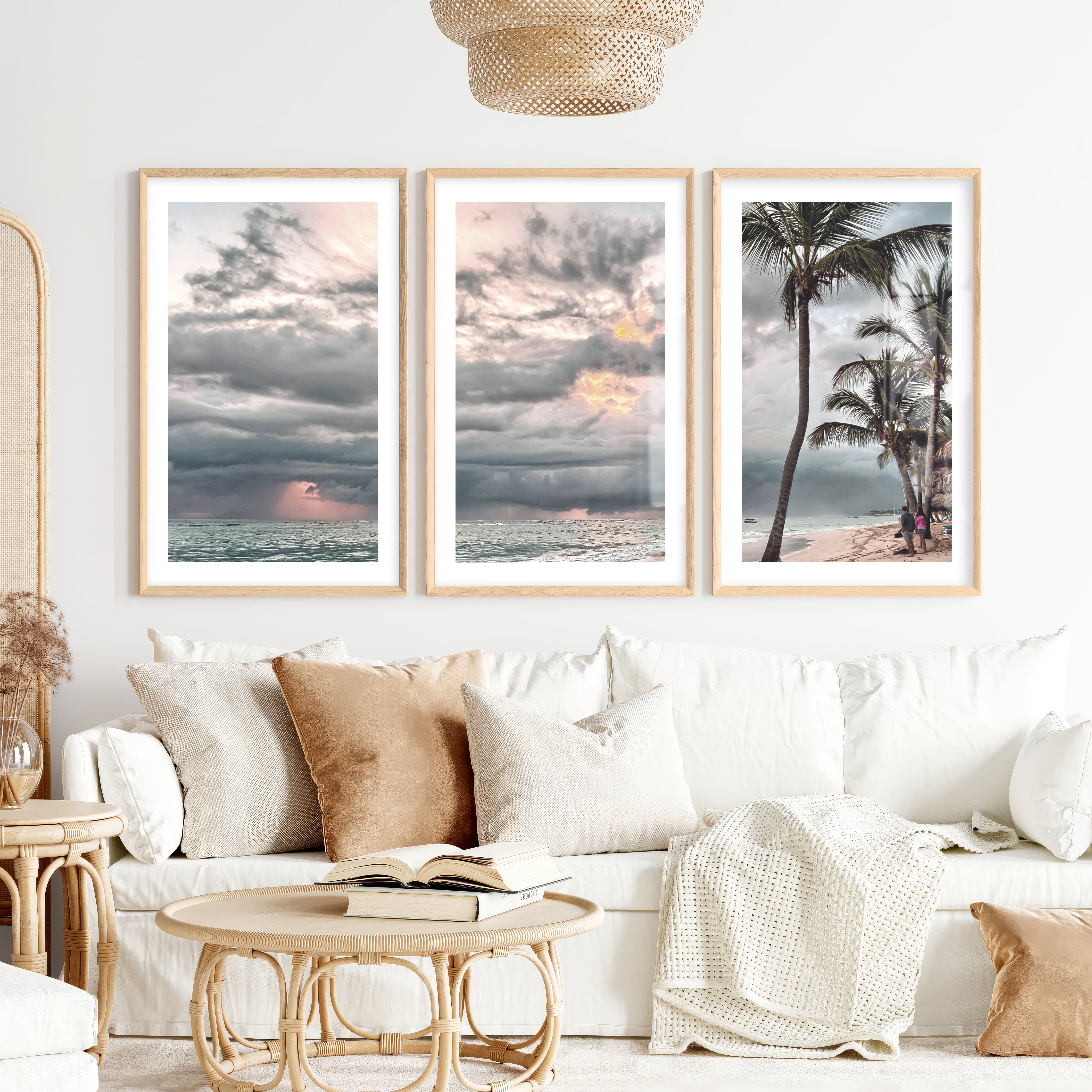 Stormy Palm Ocean Beach Wall Art- Natural Wood Framed Poster with White Border - Artworksets