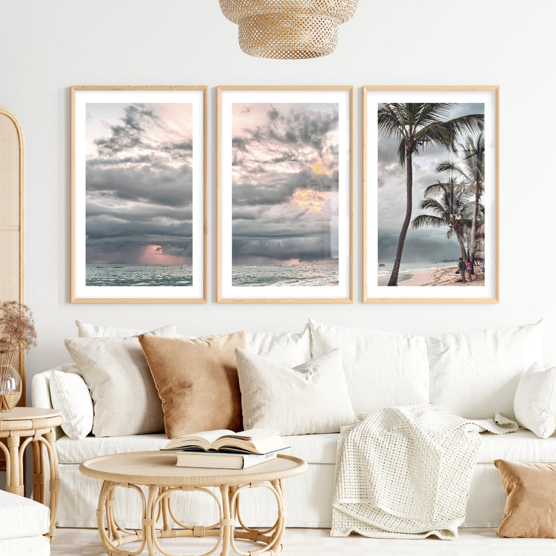 Stormy Palm Ocean Beach Wall Art- Natural Wood Framed Poster with White Border - Artworksets