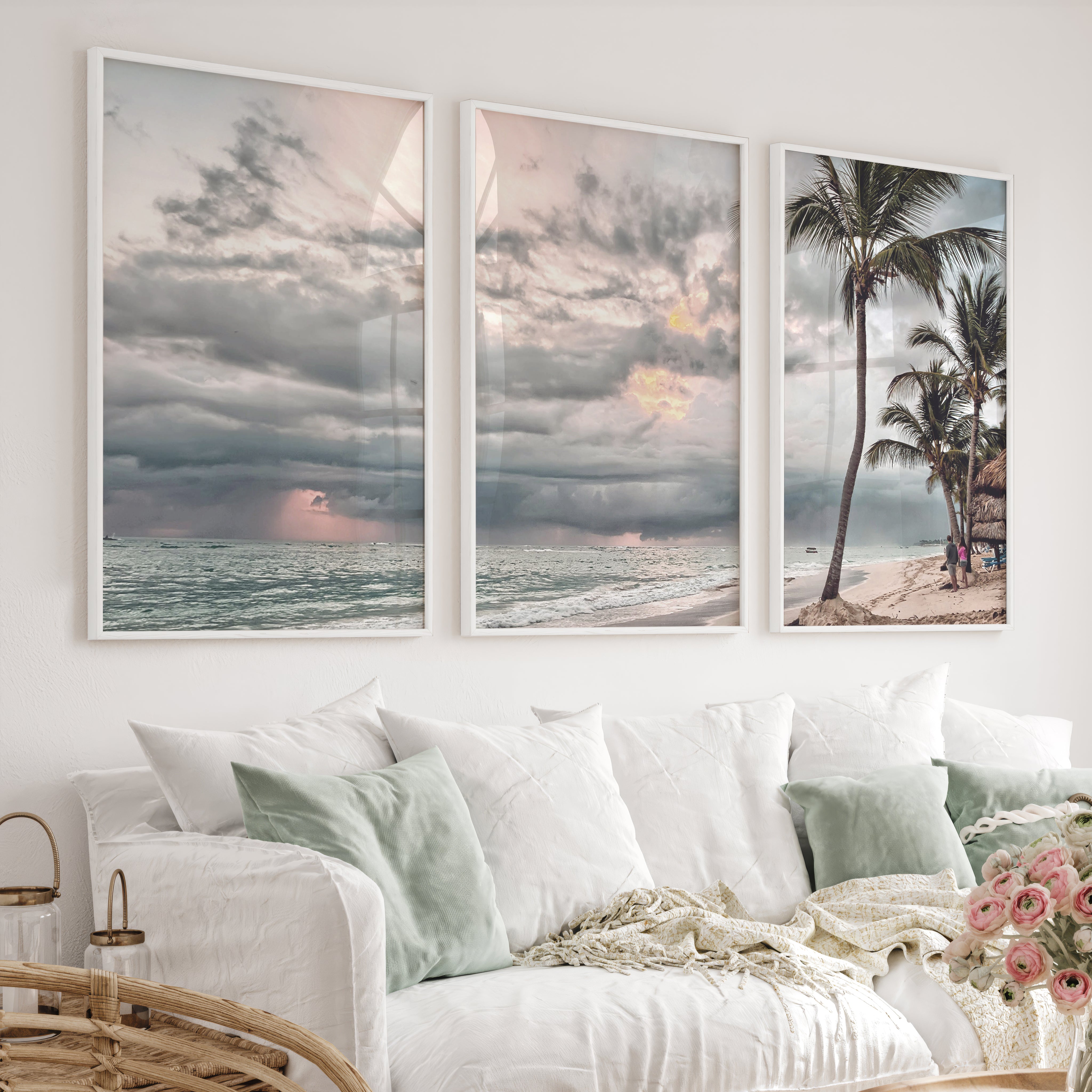 Stormy Palm Ocean Beach Wall Art - White Framed Poster No Border - Artworksets