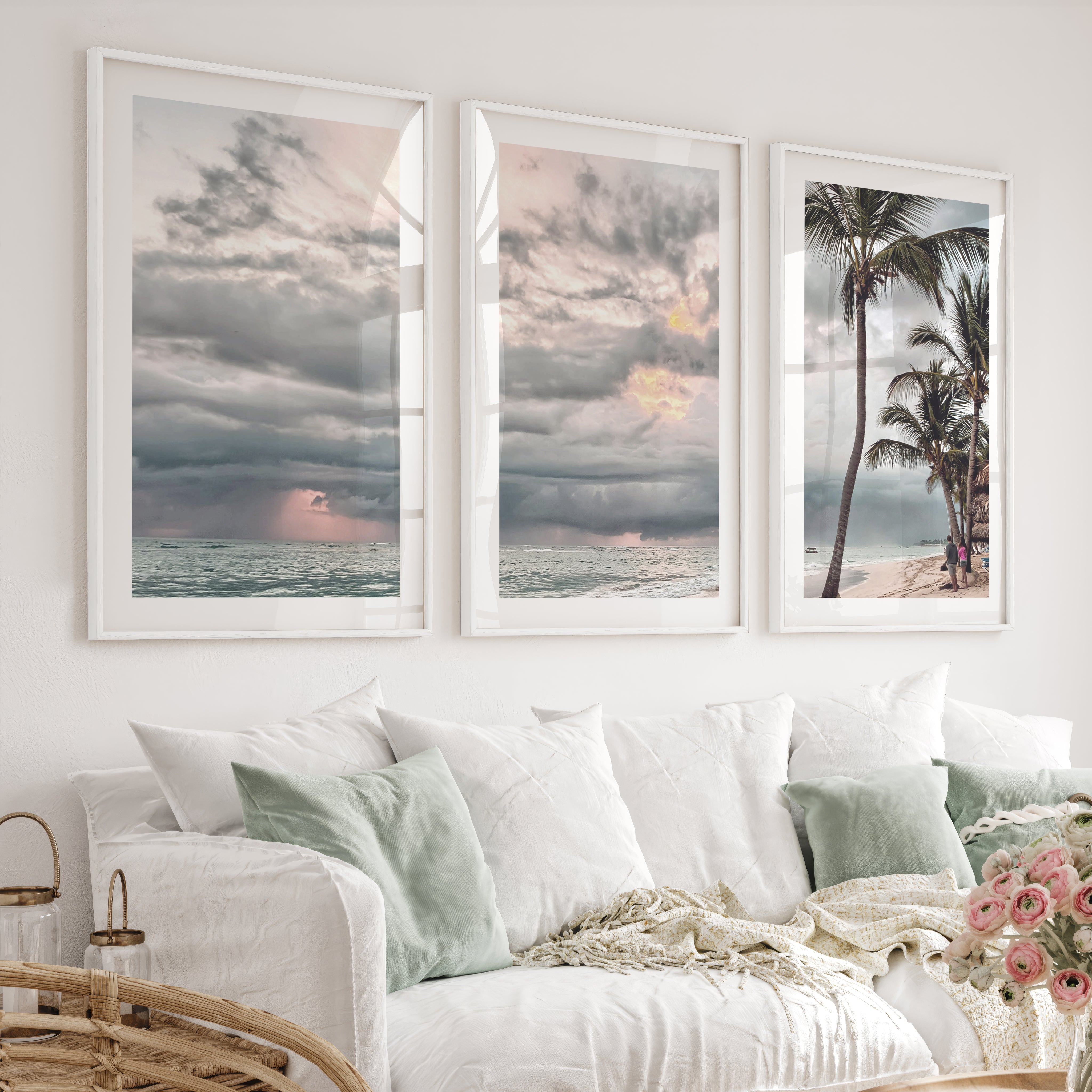 Stormy Palm Ocean Beach Wall Art - White Framed Poster with White Border - Artworksets