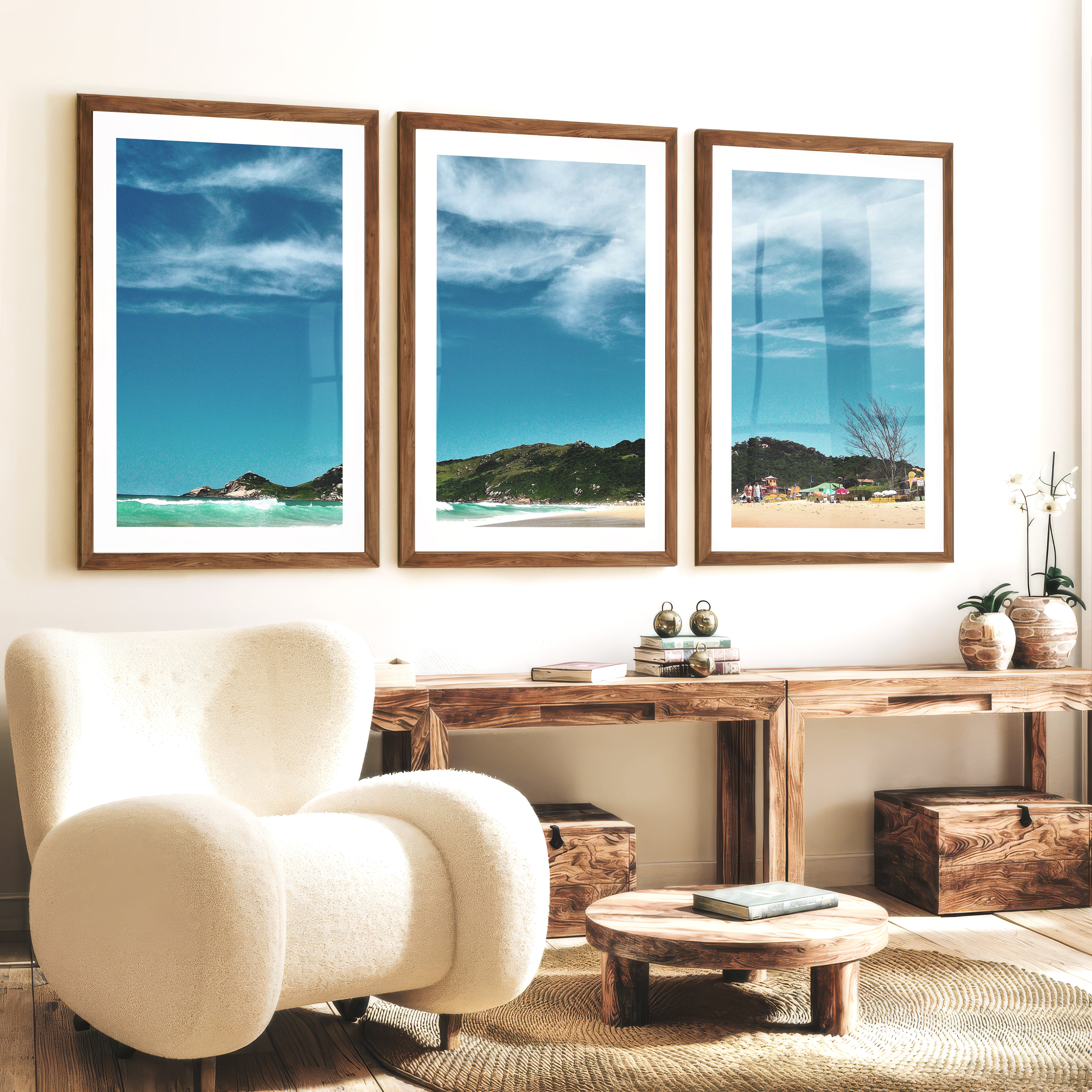 Turquoise Surf ocean beach wall - Dark Brown Framed Poster with White Border - Artworksets