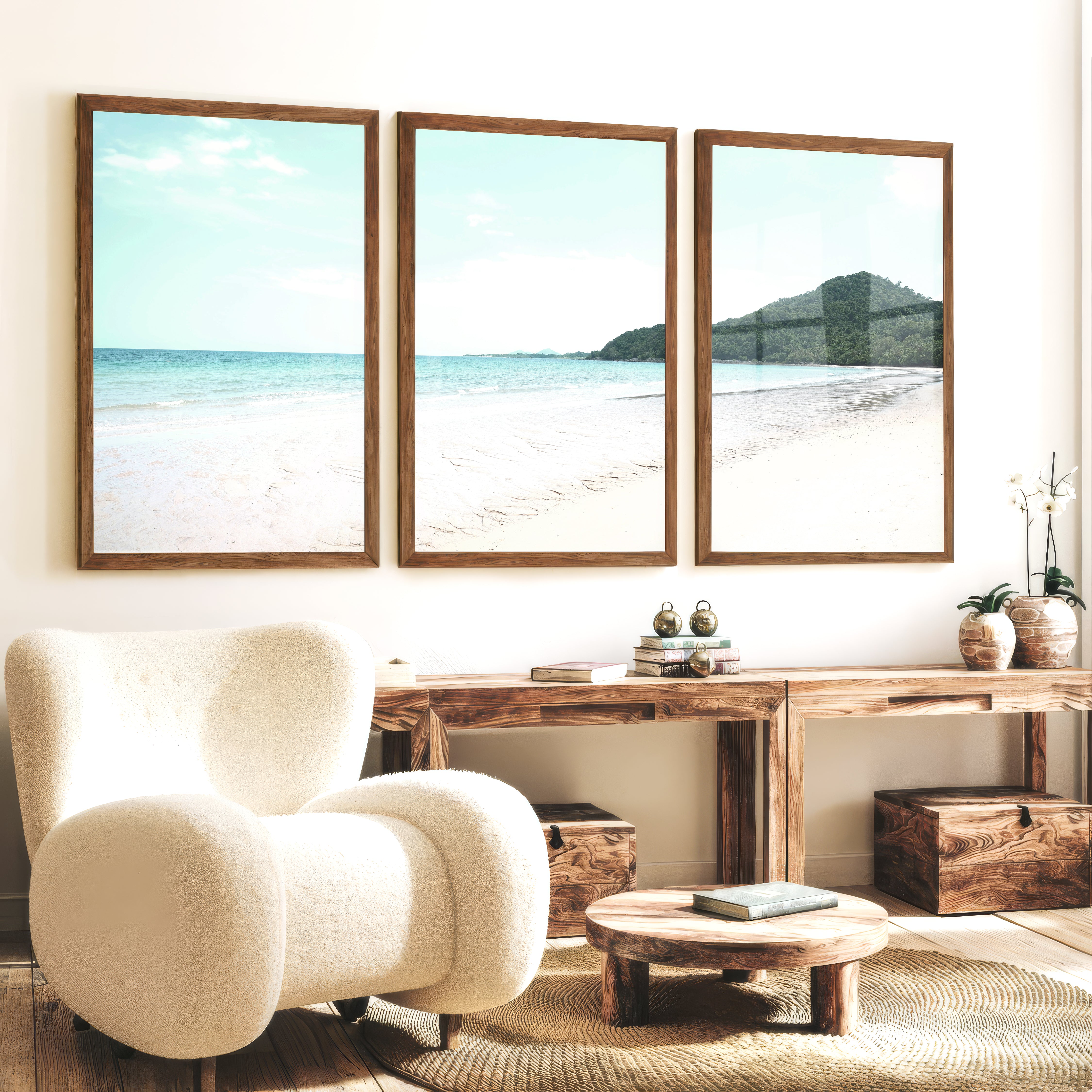 Green Headland ocean coastal wall art - Dark Brown Framed Poster No Border - Artworksets