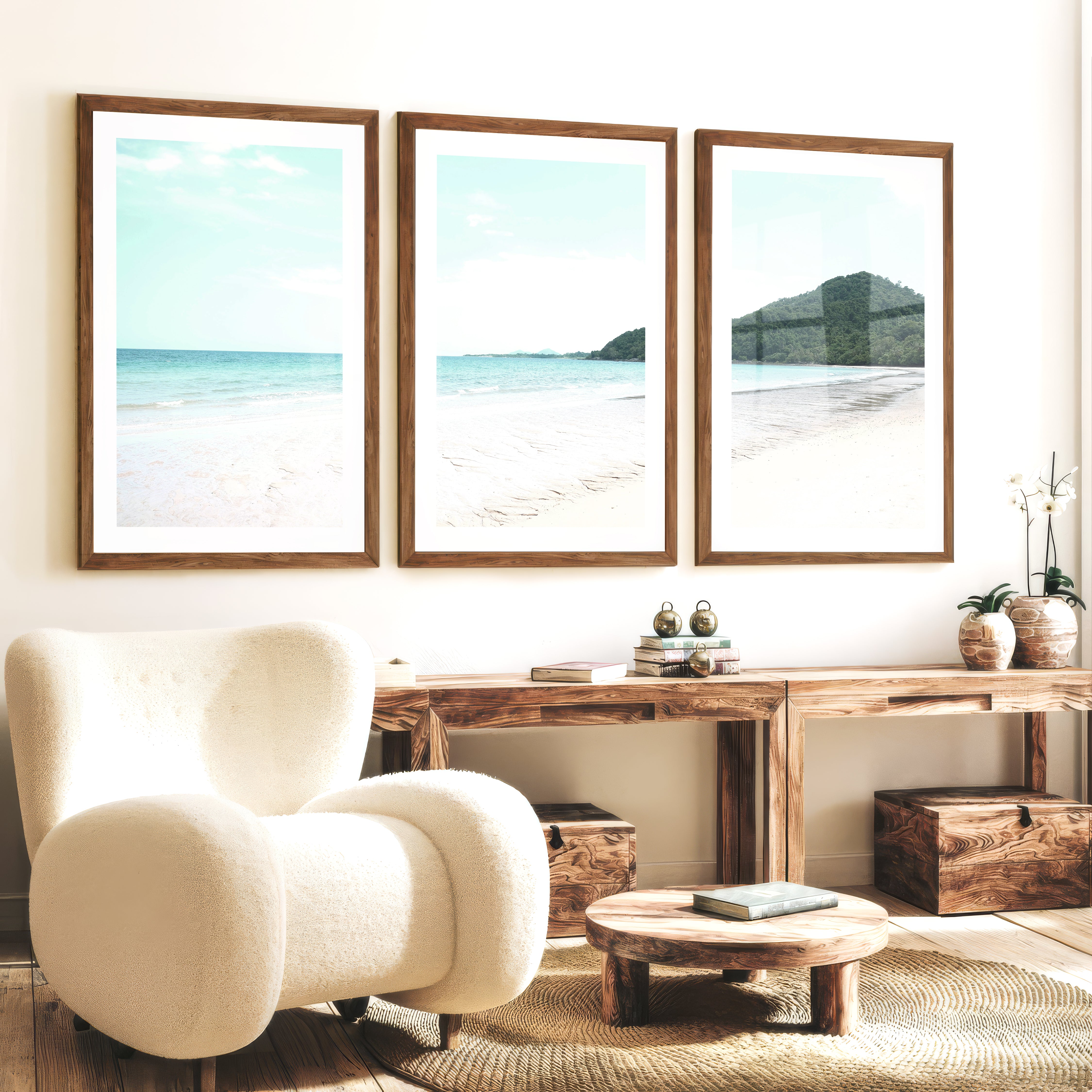 Green Headland ocean coastal wall art - Dark Brown Framed Poster with White Border - Artworksets