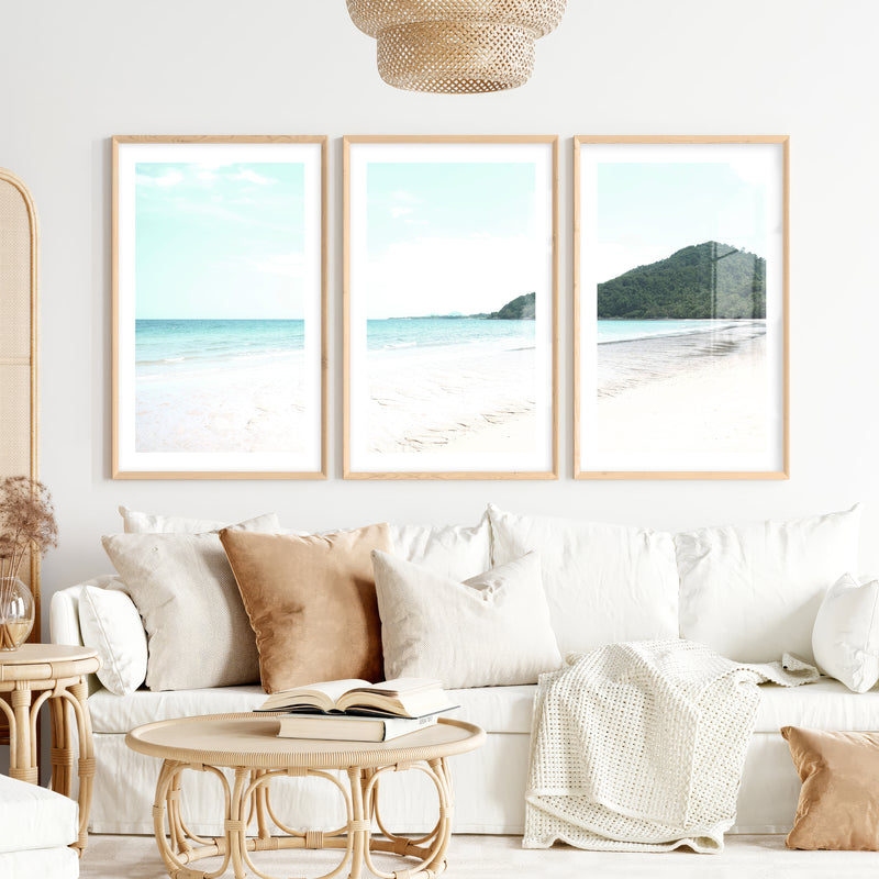 Green Headland ocean coastal wall art- Natural Wood Framed Poster with White Border - Artworksets