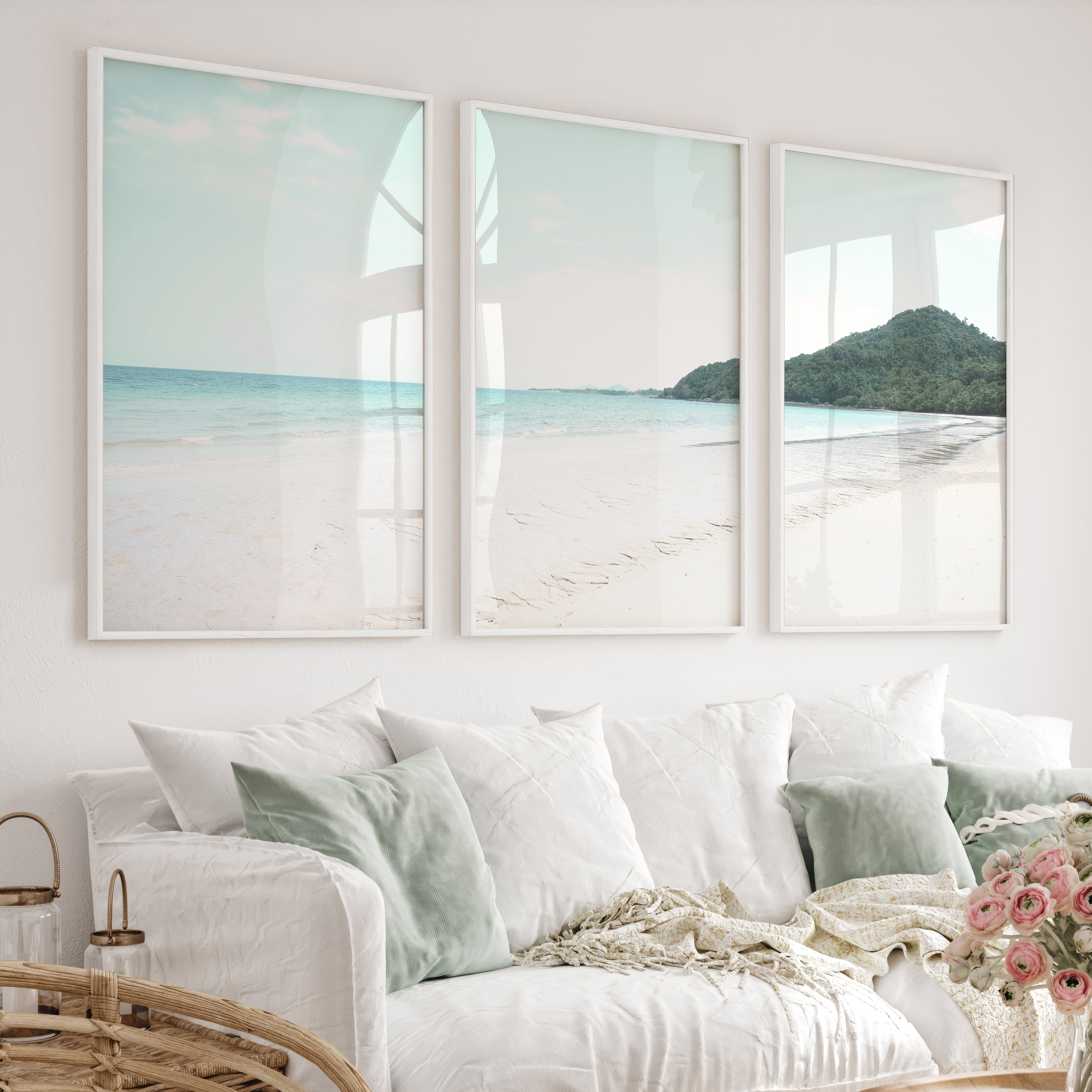 Green Headland ocean coastal wall art - White Framed Poster No Border - Artworksets