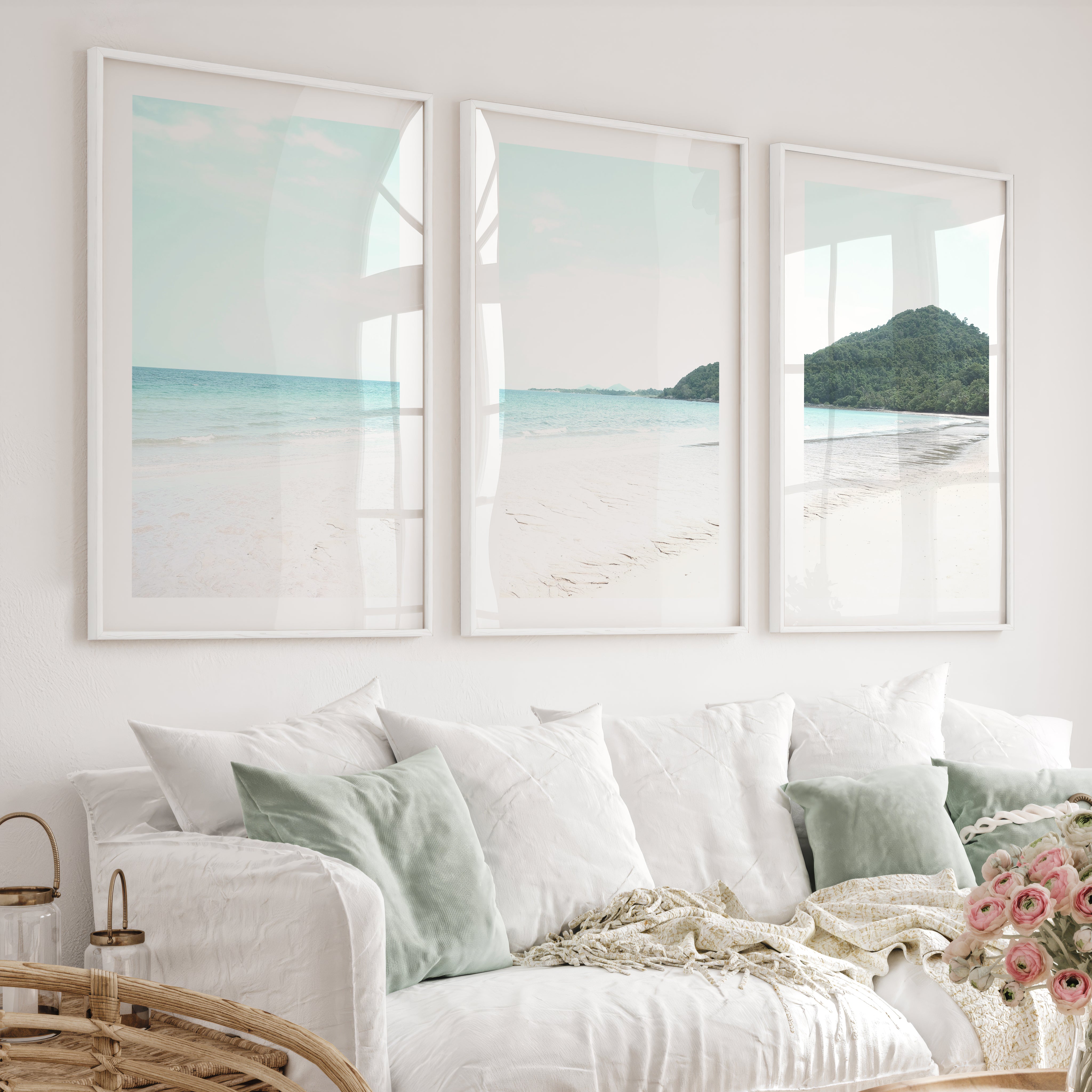 Green Headland ocean coastal wall art - White Framed Poster with White Border - Artworksets