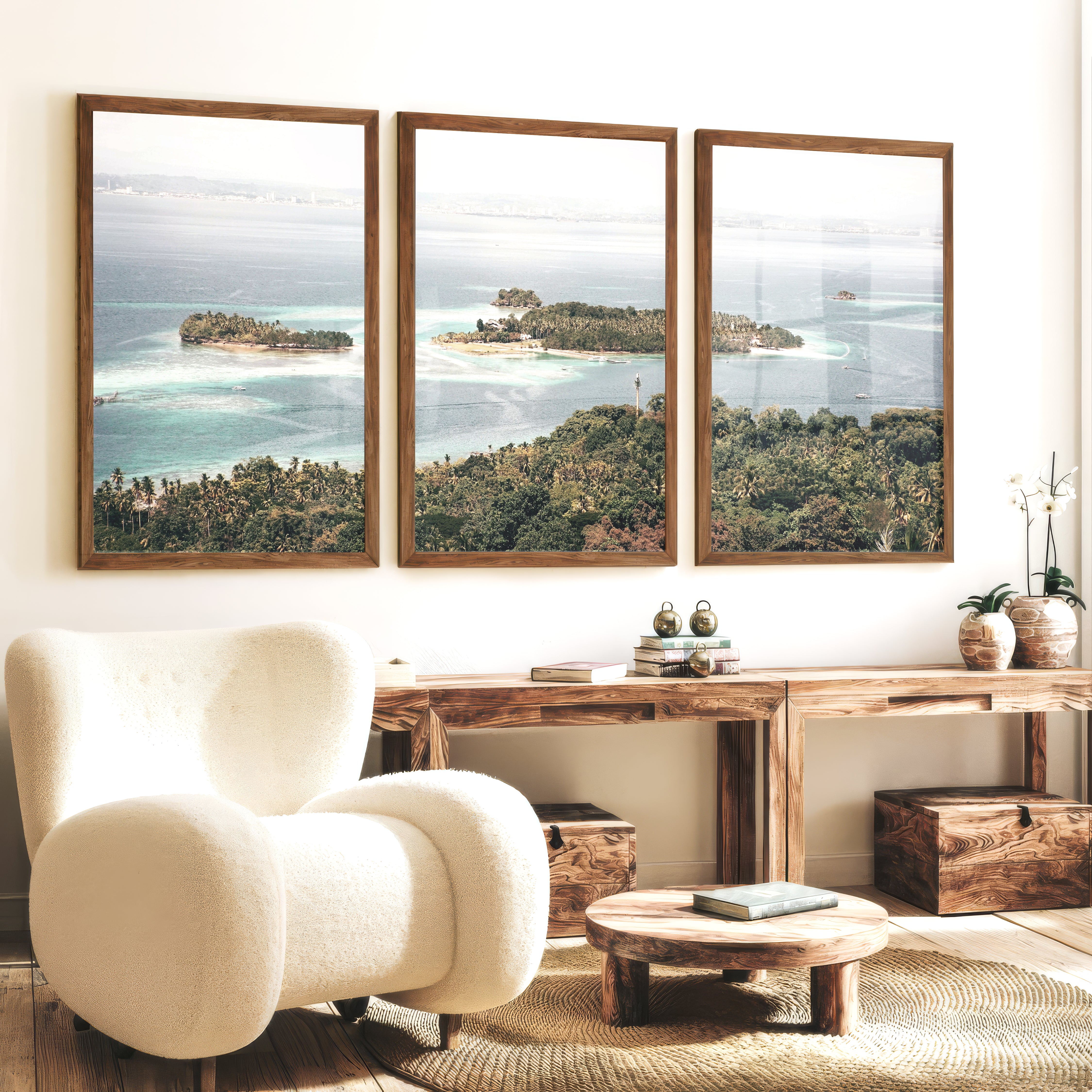 Island Lagoon Ocean Coastal Wall Art - Dark Brown Framed Poster No Border - Artworksets