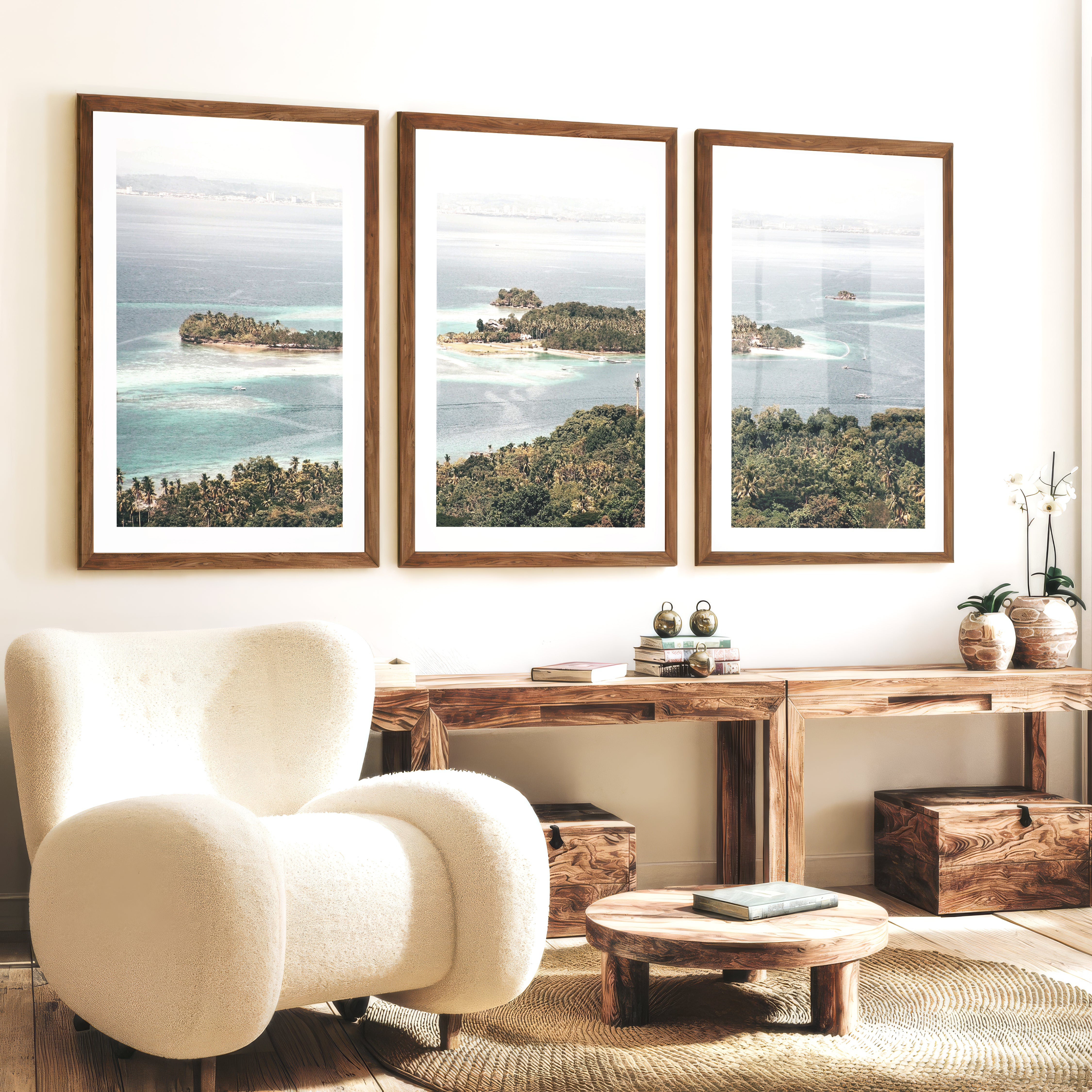Island Lagoon Ocean Coastal Wall Art - Dark Brown Framed Poster with White Border - Artworksets