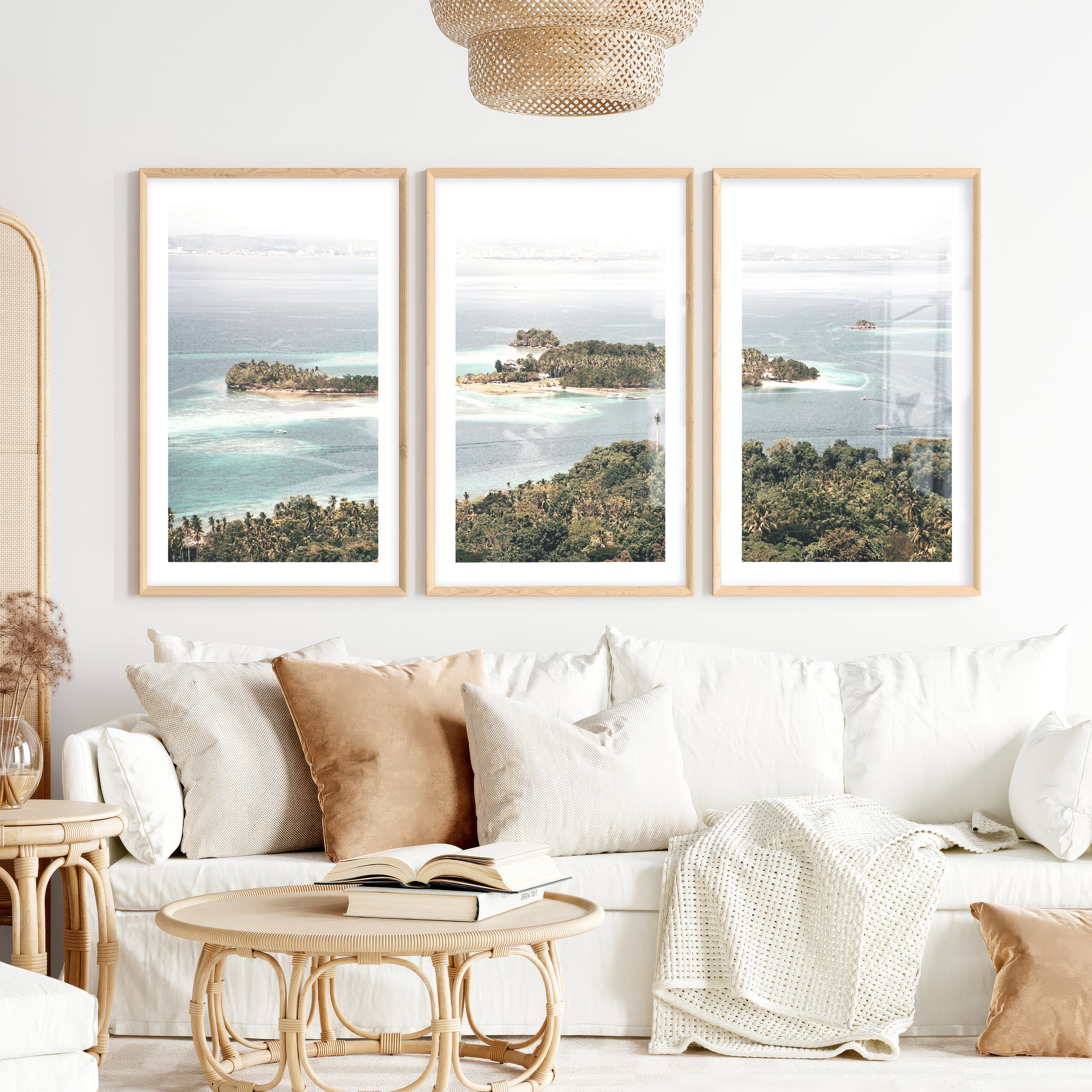Island Lagoon Ocean Coastal Wall Art- Natural Wood Framed Poster with White Border - Artworksets