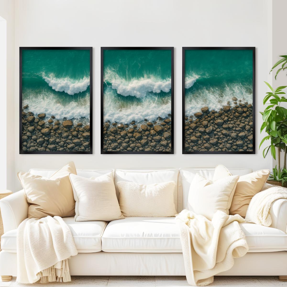 Ocean Coastal Wall Art – Waves and Rocky Shore from Above - Black Framed Poster No Border - Artworksets