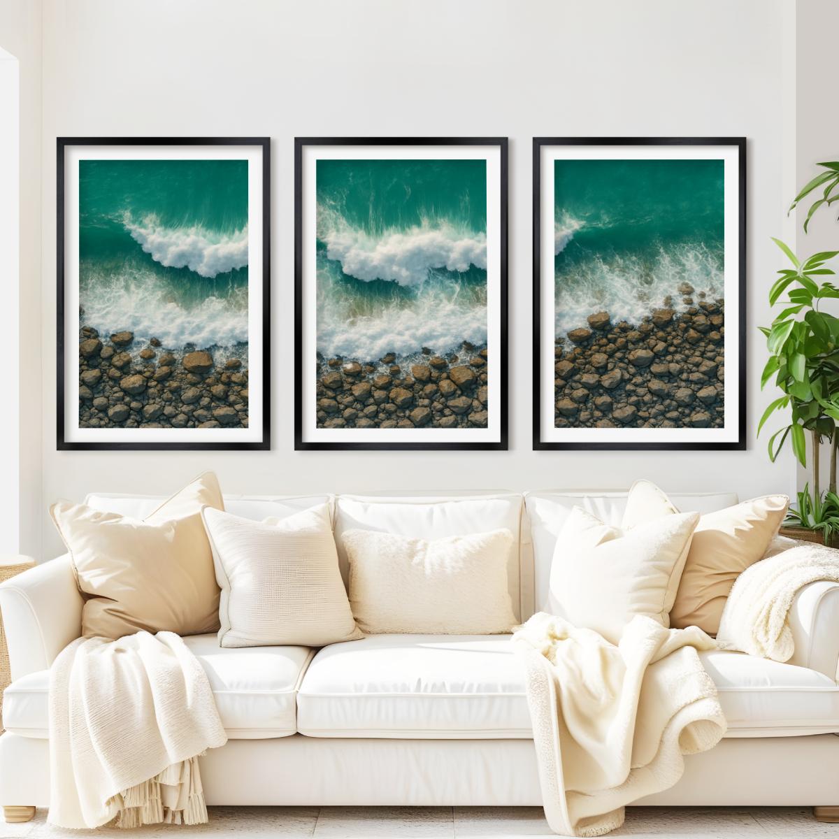 Ocean Coastal Wall Art – Waves and Rocky Shore from Above - Black Framed Poster with White Border - Artworksets