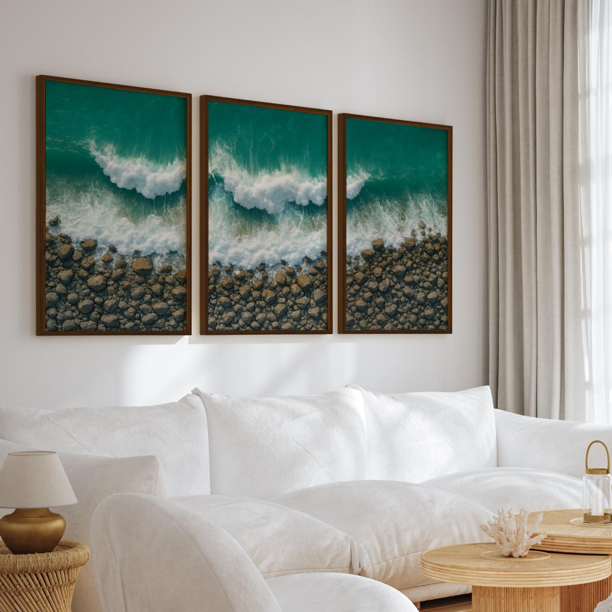 Ocean Coastal Wall Art – Waves and Rocky Shore from Above - Dark Brown Framed Poster No Border - Artworksets