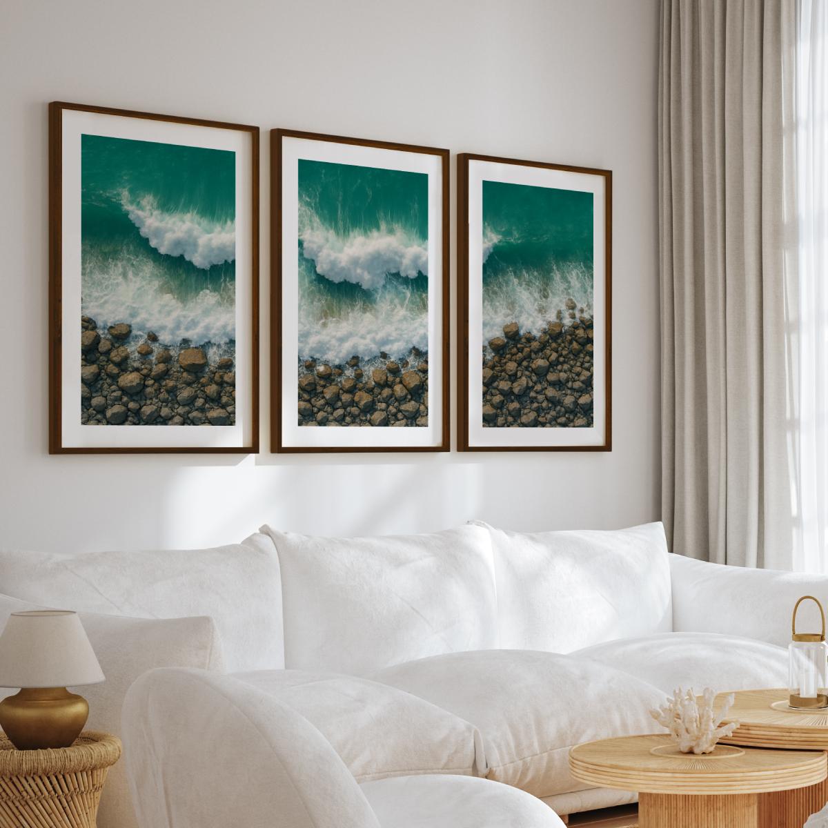 Ocean Coastal Wall Art – Waves and Rocky Shore from Above - Dark Brown Framed Poster with White Border - Artworksets