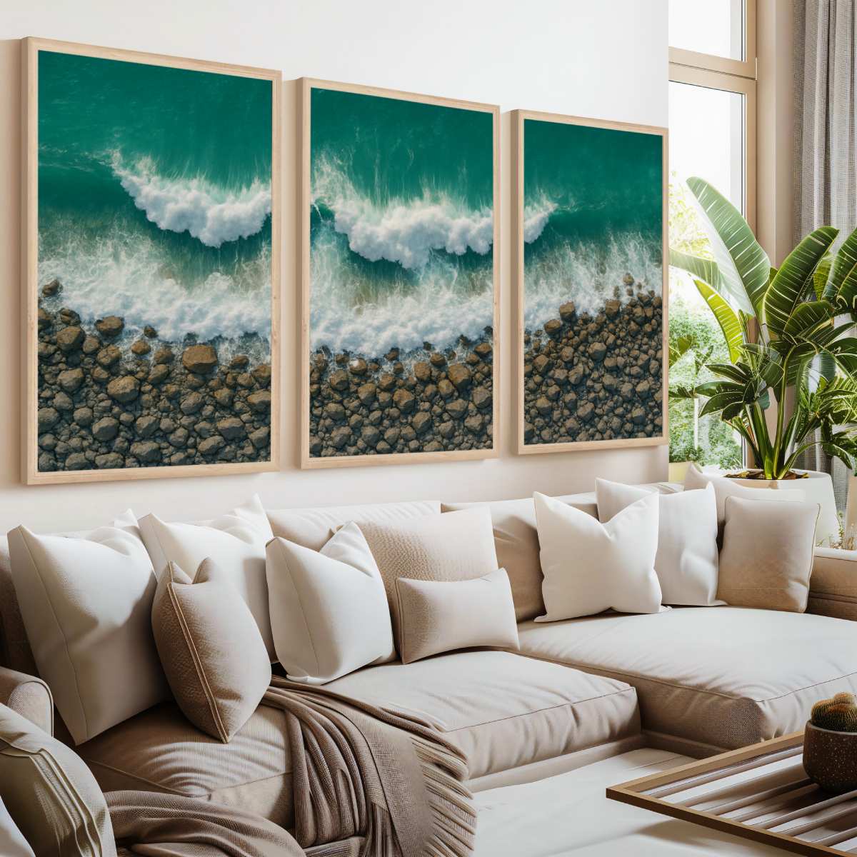 Ocean Coastal Wall Art – Waves and Rocky Shore from Above - Natural Wood Framed Poster No Border - Artworksets