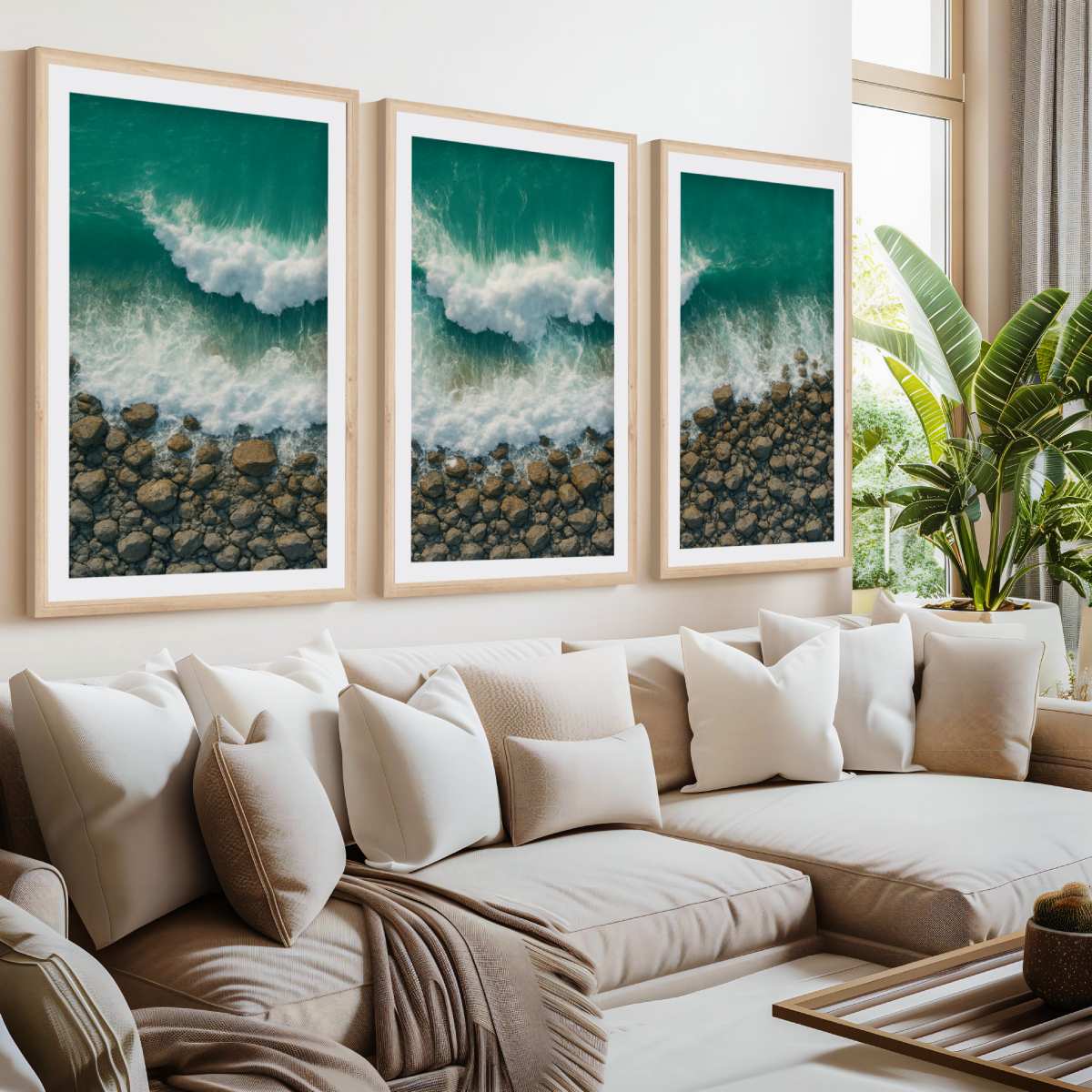 Ocean Coastal Wall Art – Waves and Rocky Shore from Above- Natural Wood Framed Poster with White Border - Artworksets