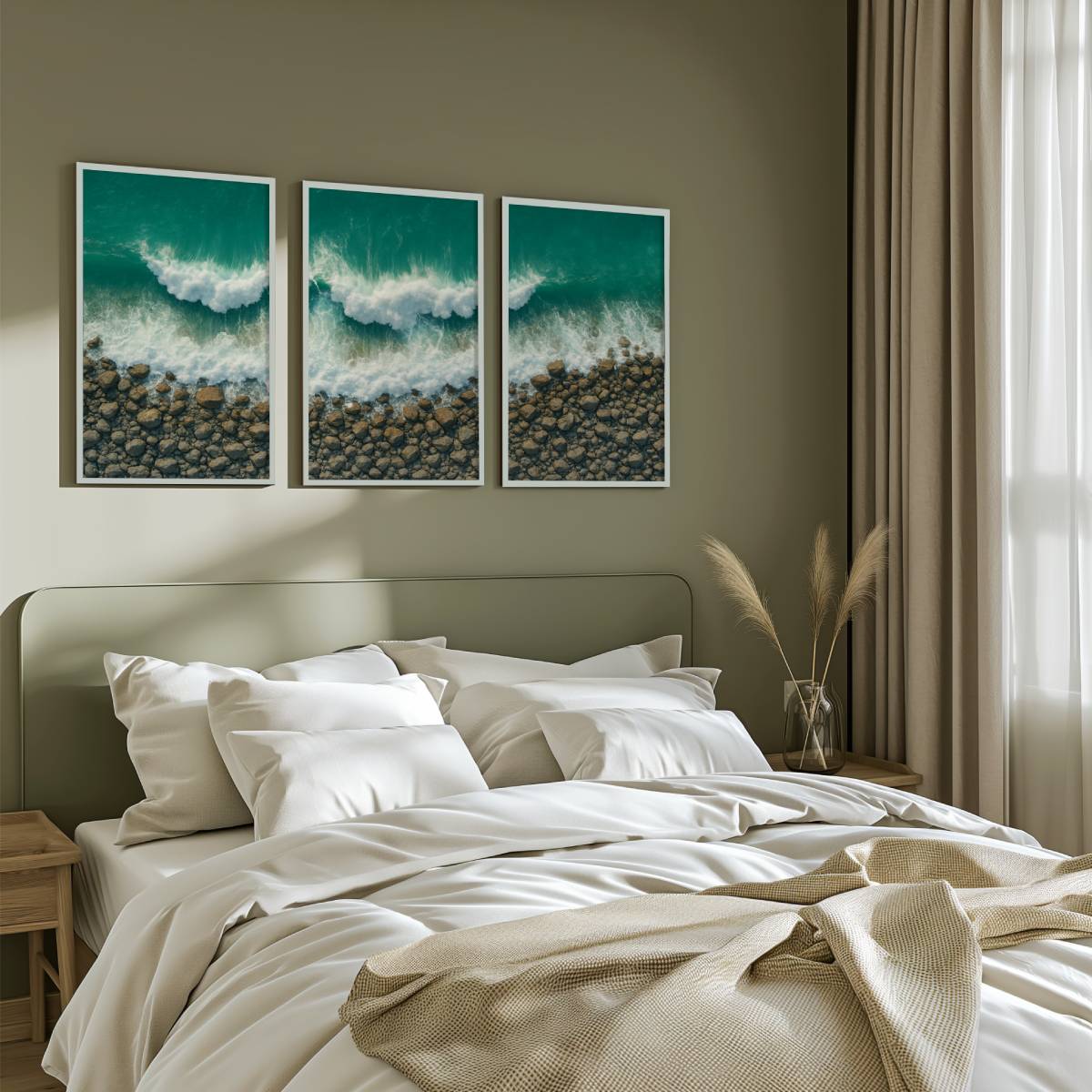 Ocean Coastal Wall Art – Waves and Rocky Shore from Above - White Framed Poster No Border - Artworksets