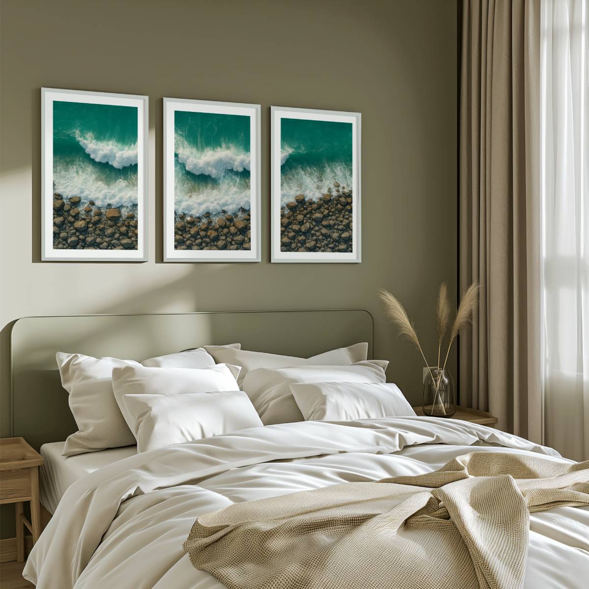 Ocean Coastal Wall Art – Waves and Rocky Shore from Above - White Framed Poster with White Border - Artworksets