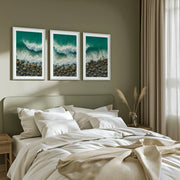Ocean Coastal Wall Art – Waves and Rocky Shore from Above - White Framed Poster with White Border - Artworksets
