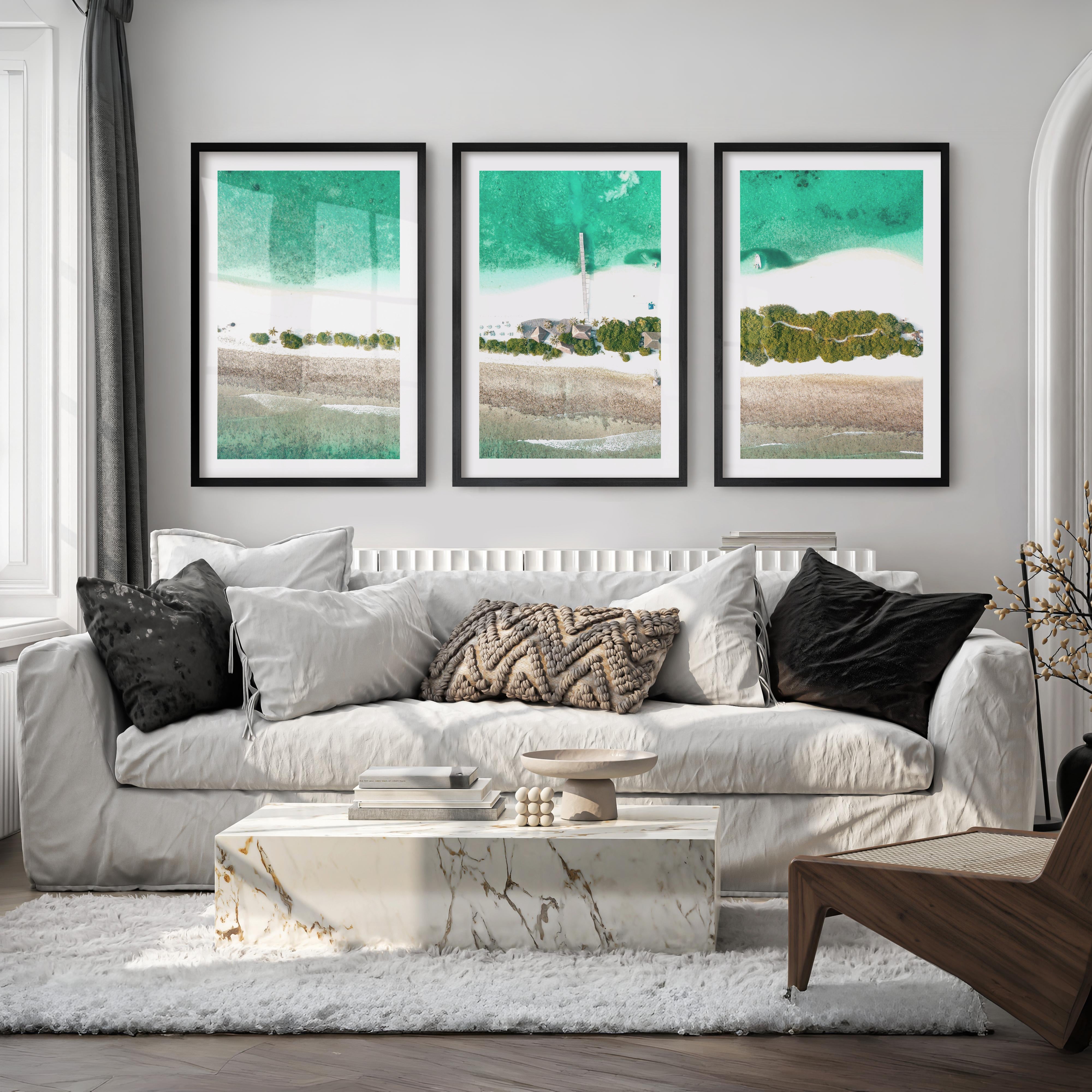Aerial Island Lagoon ocean inspired artwork - Black Framed Poster with White Border - Artworksets