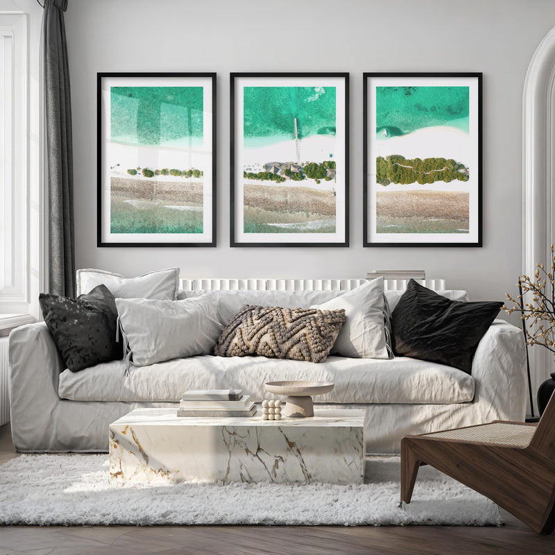 Aerial Island Lagoon ocean inspired artwork - Black Framed Poster with White Border - Artworksets