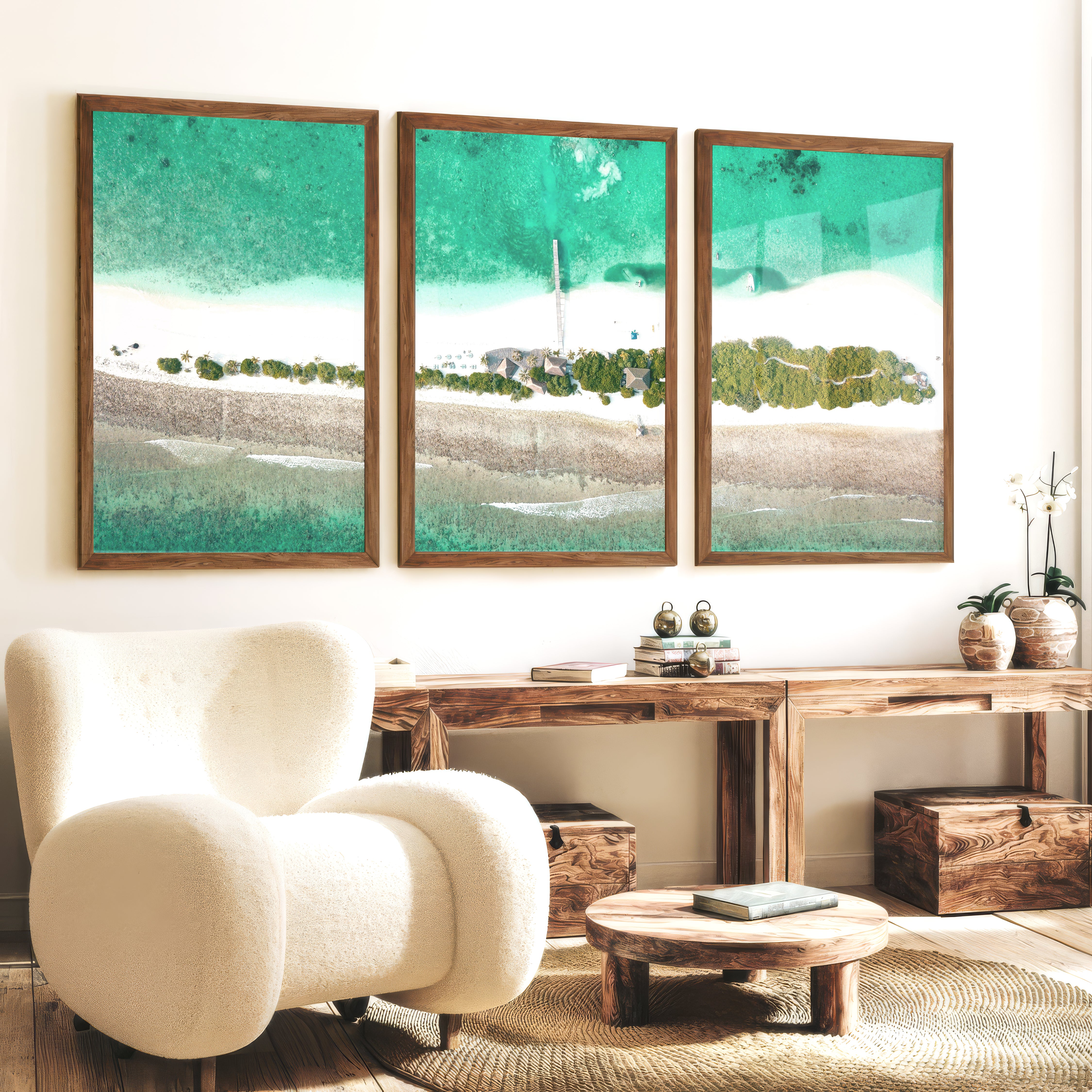 Aerial Island Lagoon ocean inspired artwork - Dark Brown Framed Poster No Border - Artworksets