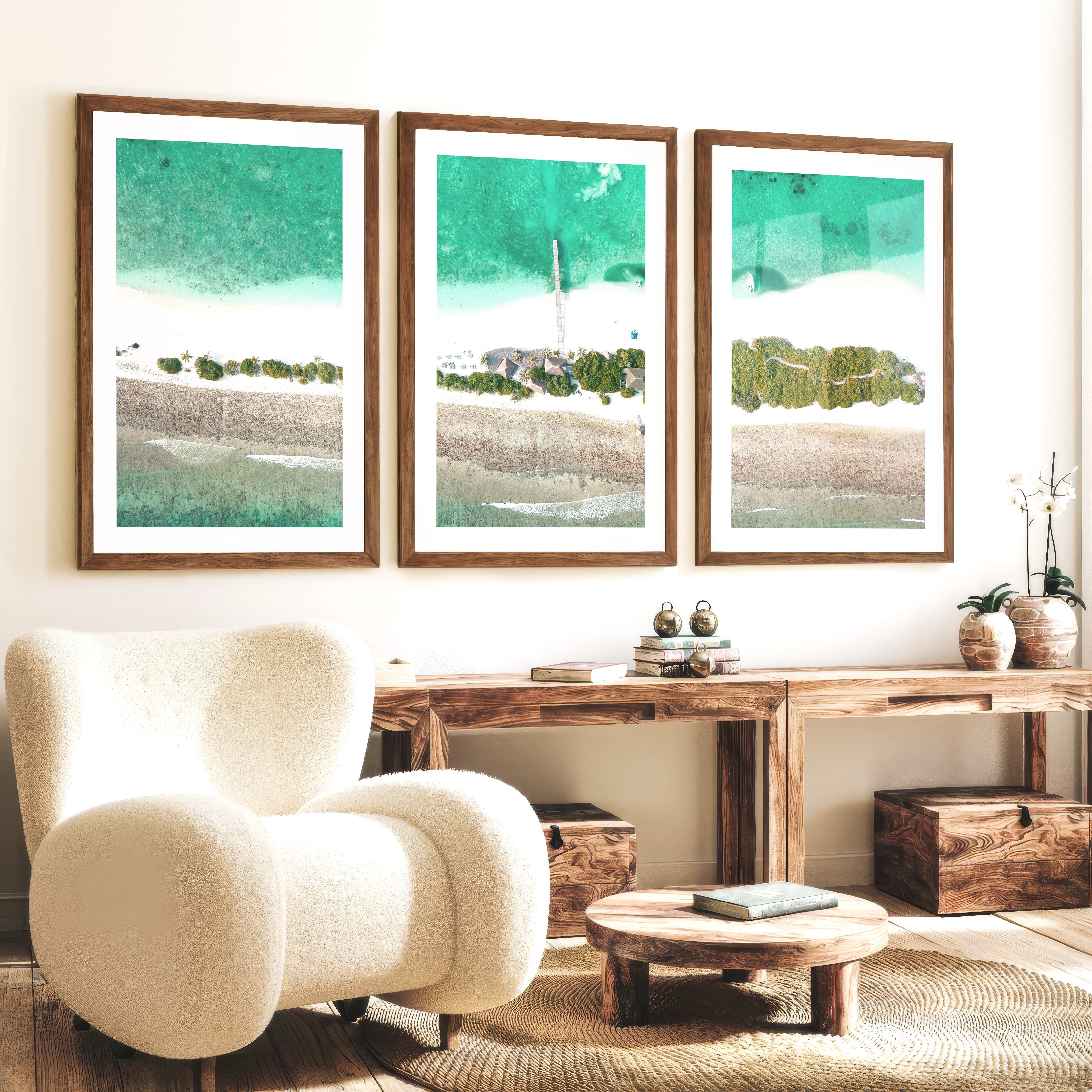 Aerial Island Lagoon ocean inspired artwork - Dark Brown Framed Poster with White Border - Artworksets