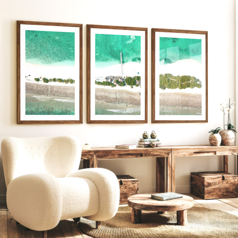 Aerial Island Lagoon ocean inspired artwork - Dark Brown Framed Poster with White Border - Artworksets