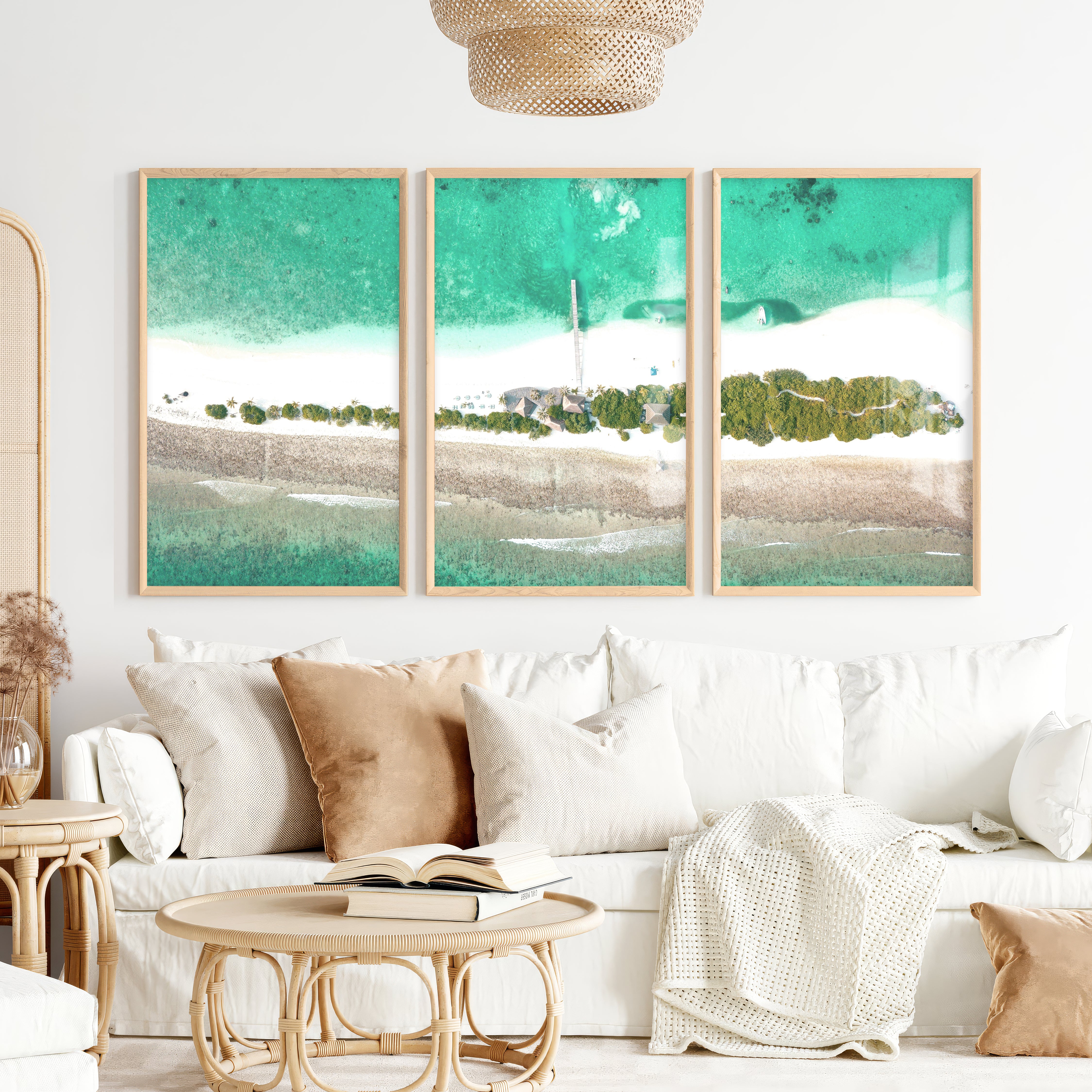Aerial Island Lagoon ocean inspired artwork - Natural Wood Framed Poster No Border - Artworksets