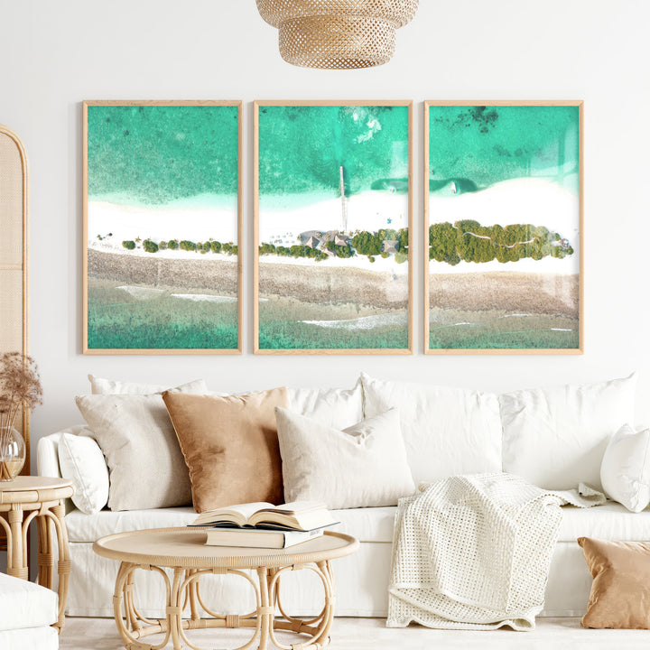 Aerial Island Lagoon ocean inspired artwork - Natural Wood Framed Poster No Border - Artworksets