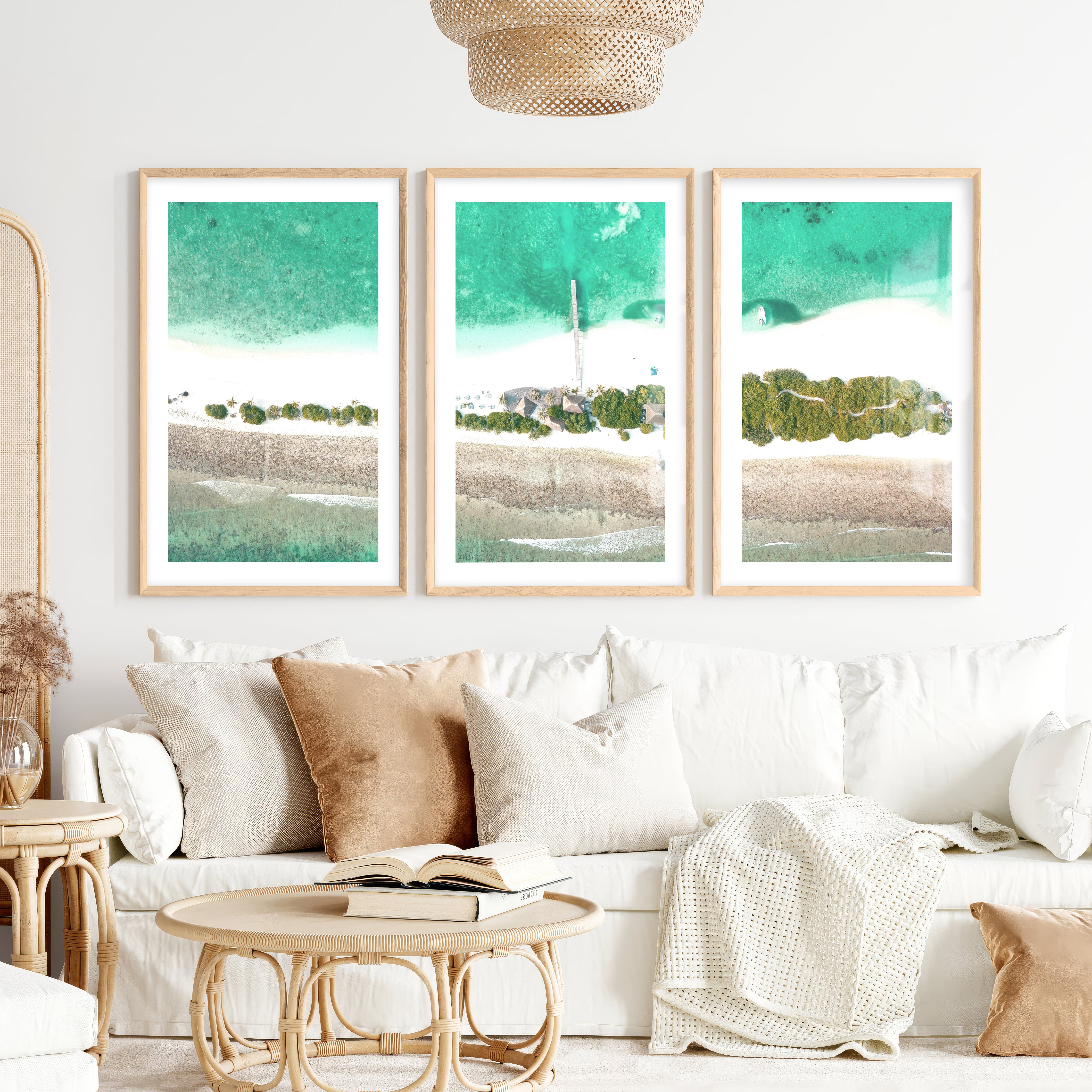 Aerial Island Lagoon ocean inspired artwork- Natural Wood Framed Poster with White Border - Artworksets