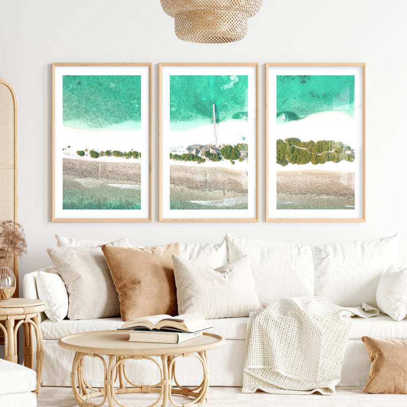Aerial Island Lagoon ocean inspired artwork- Natural Wood Framed Poster with White Border - Artworksets