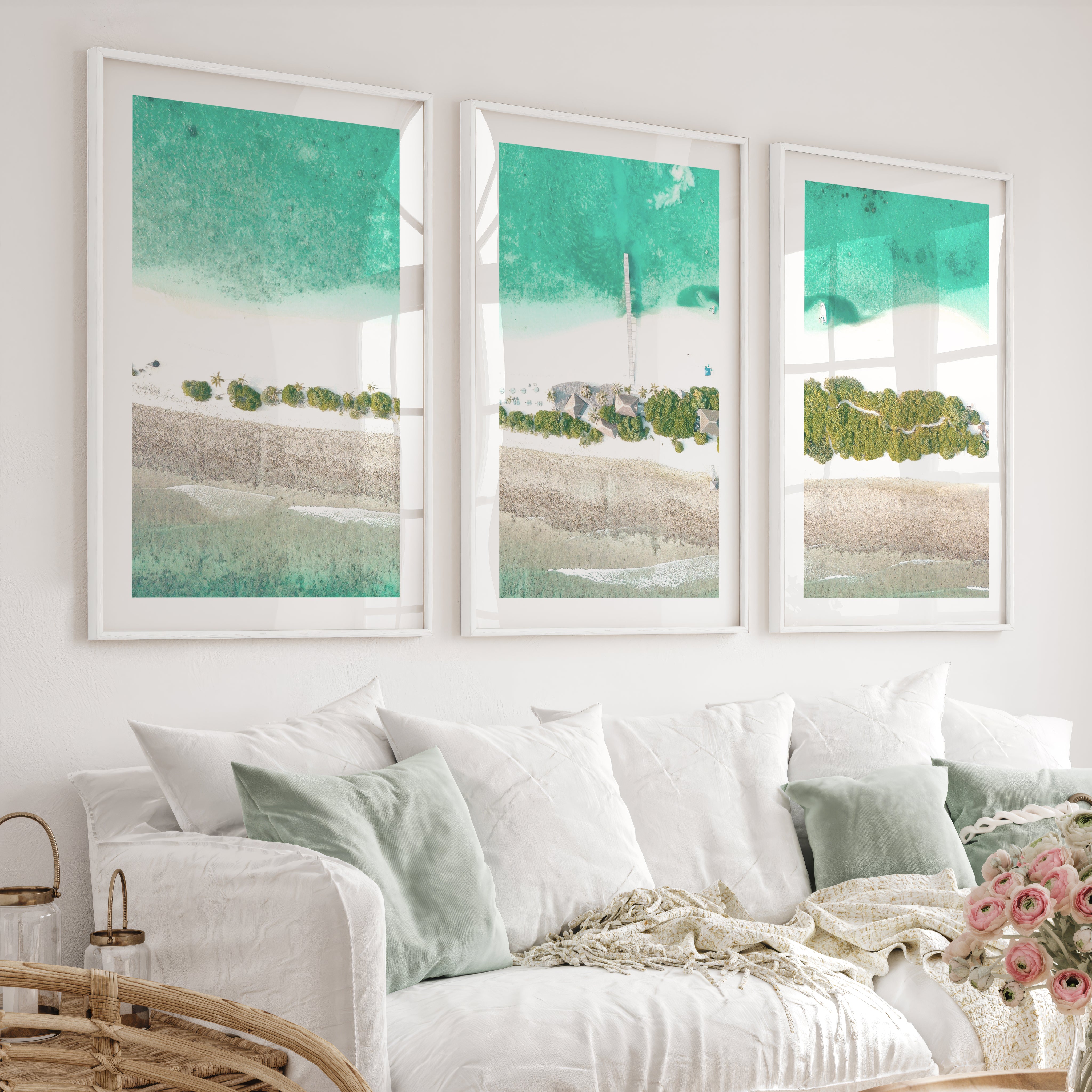 Aerial Island Lagoon ocean inspired artwork - White Framed Poster with White Border - Artworksets