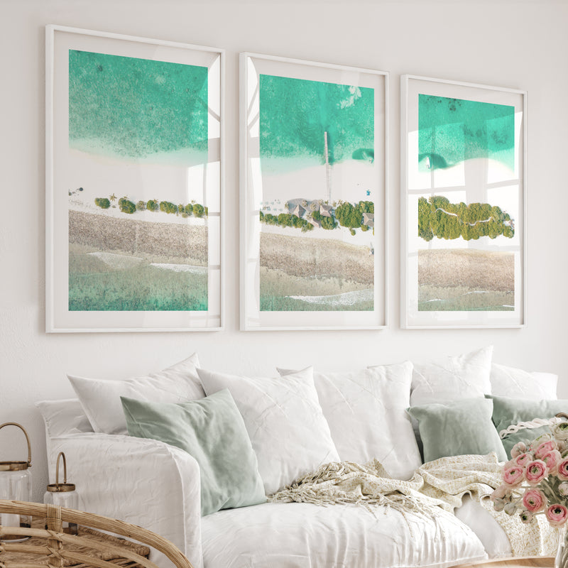 Aerial Island Lagoon ocean inspired artwork - White Framed Poster with White Border - Artworksets