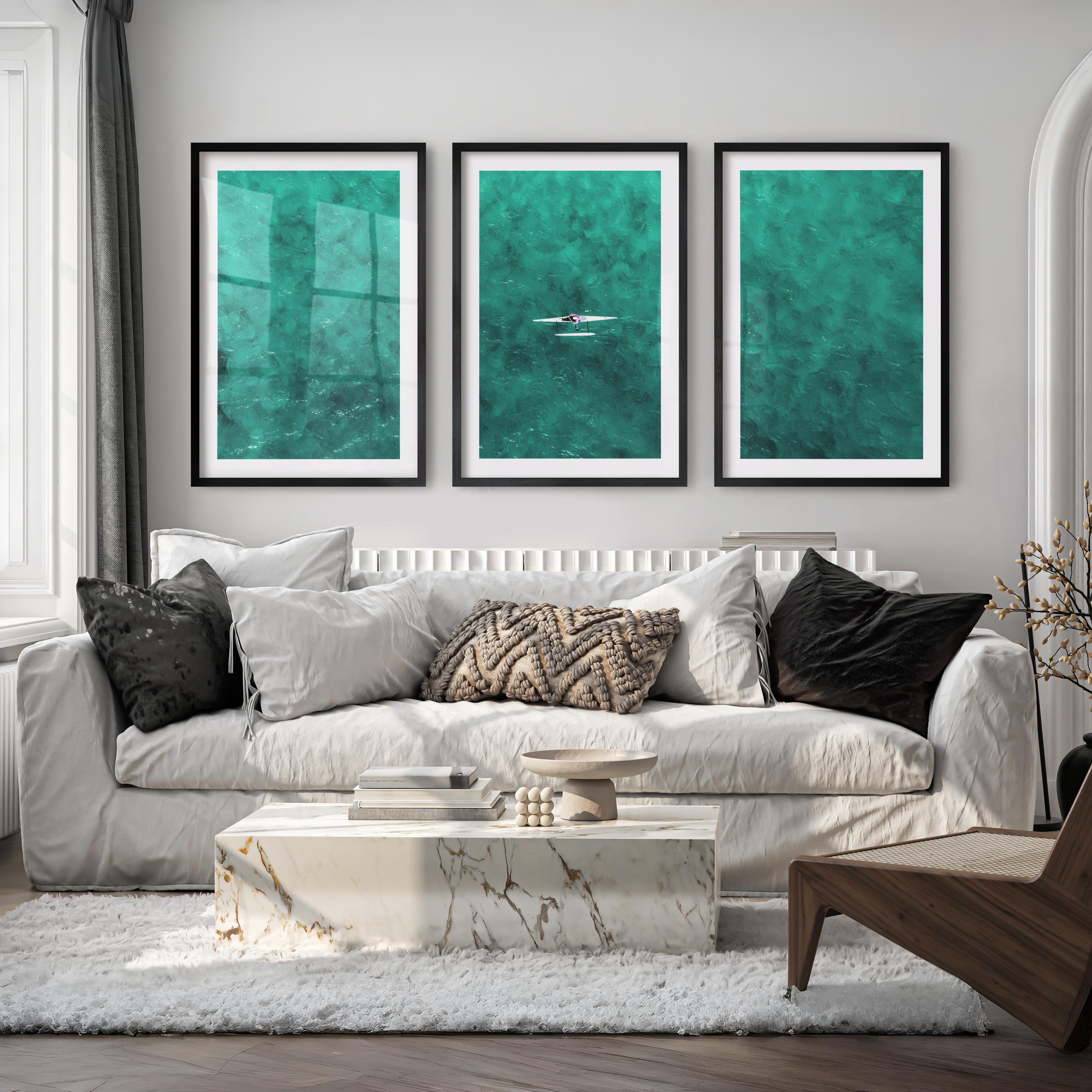 Turquoise Rower ocean inspired artwork - Black Framed Poster with White Border - Artworksets
