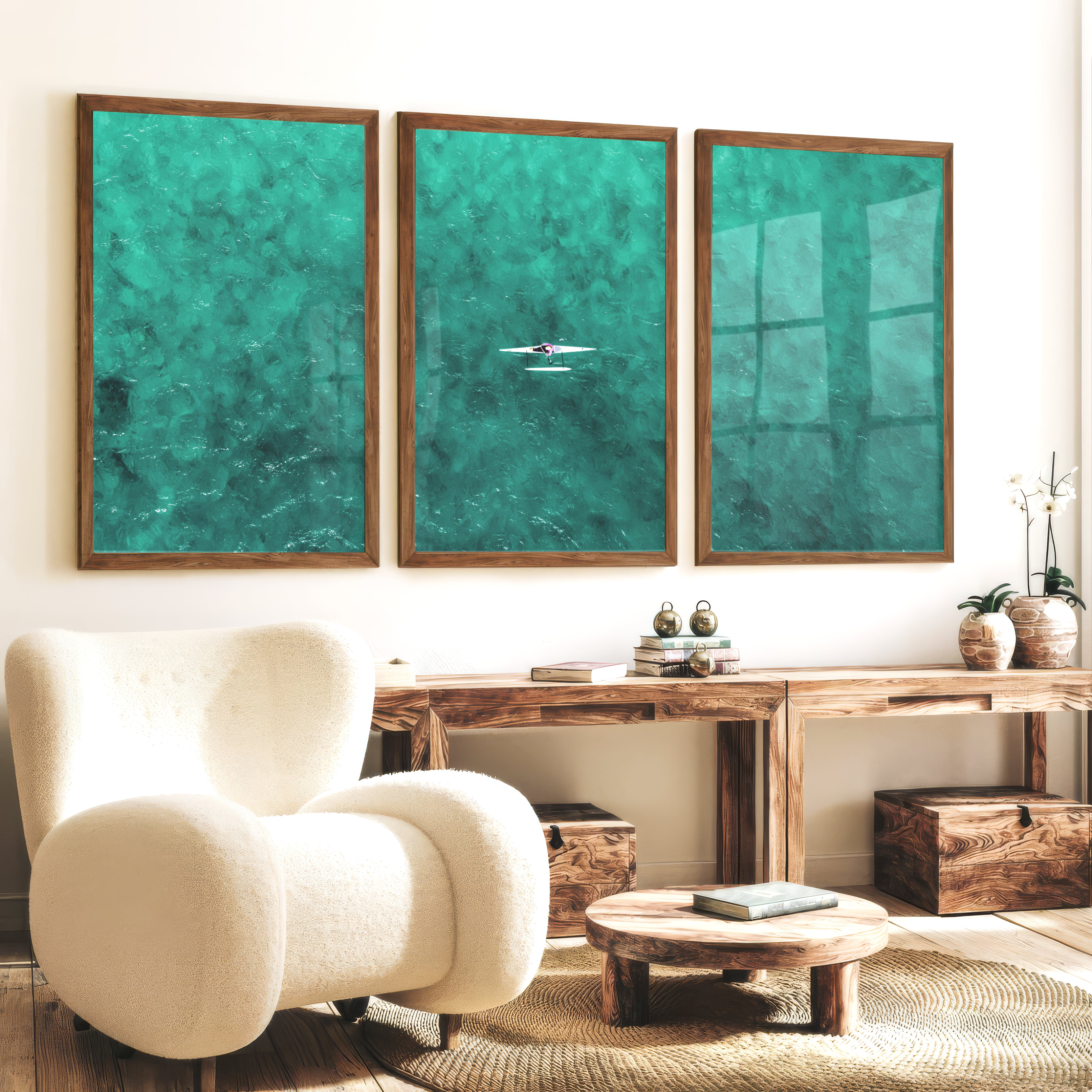 Turquoise Rower ocean inspired artwork - Dark Brown Framed Poster No Border - Artworksets