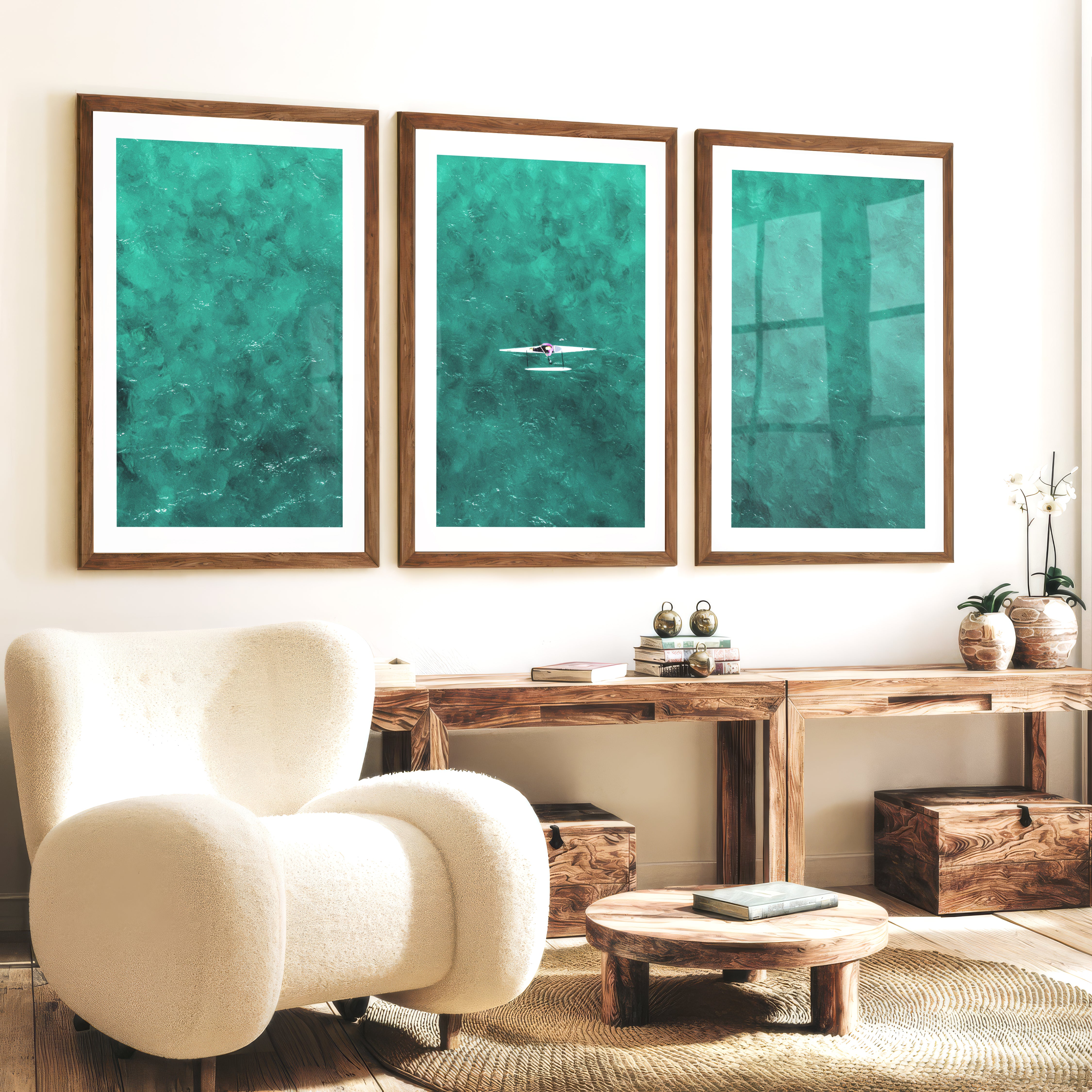 Turquoise Rower ocean inspired artwork - Dark Brown Framed Poster with White Border - Artworksets