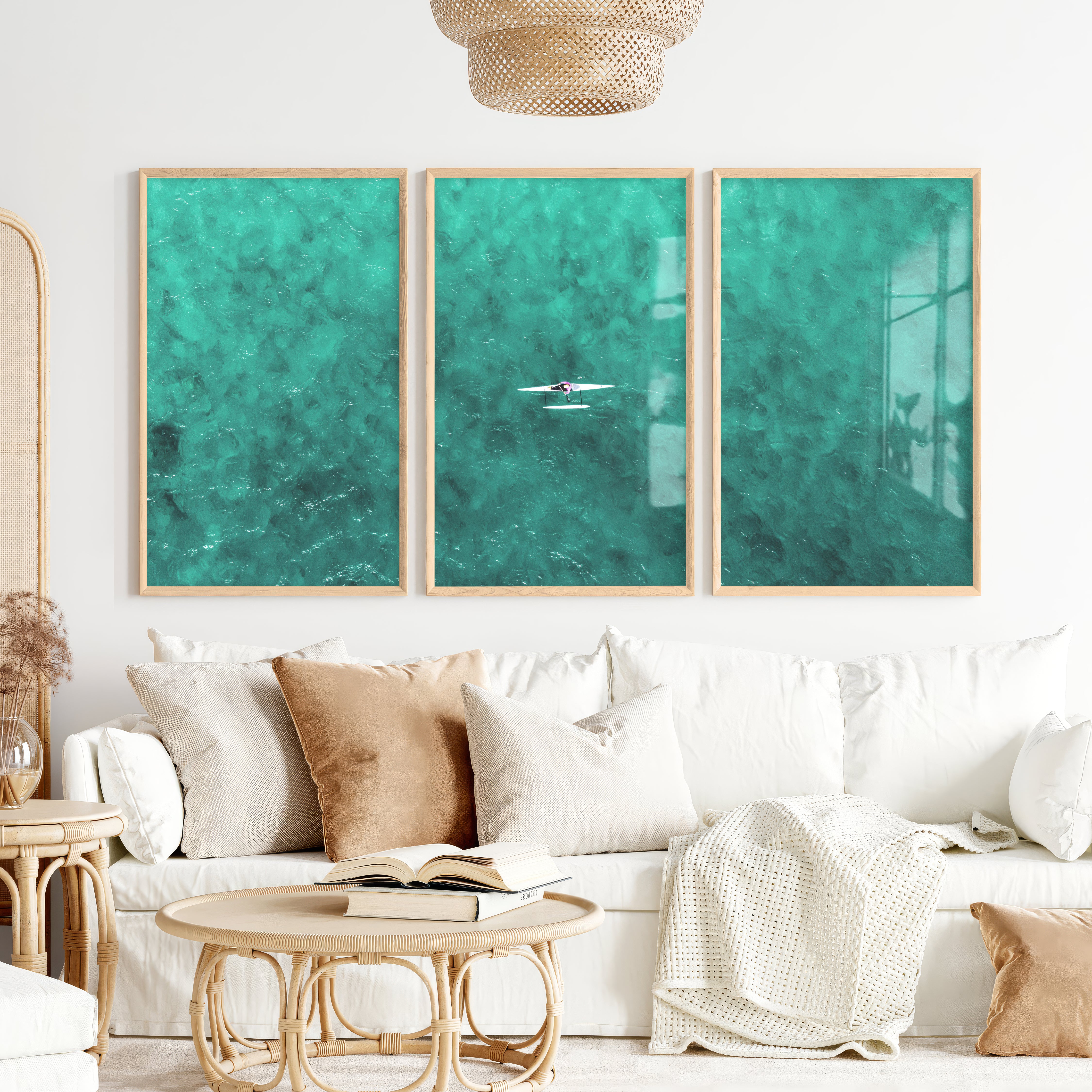 Turquoise Rower ocean inspired artwork - Natural Wood Framed Poster No Border - Artworksets