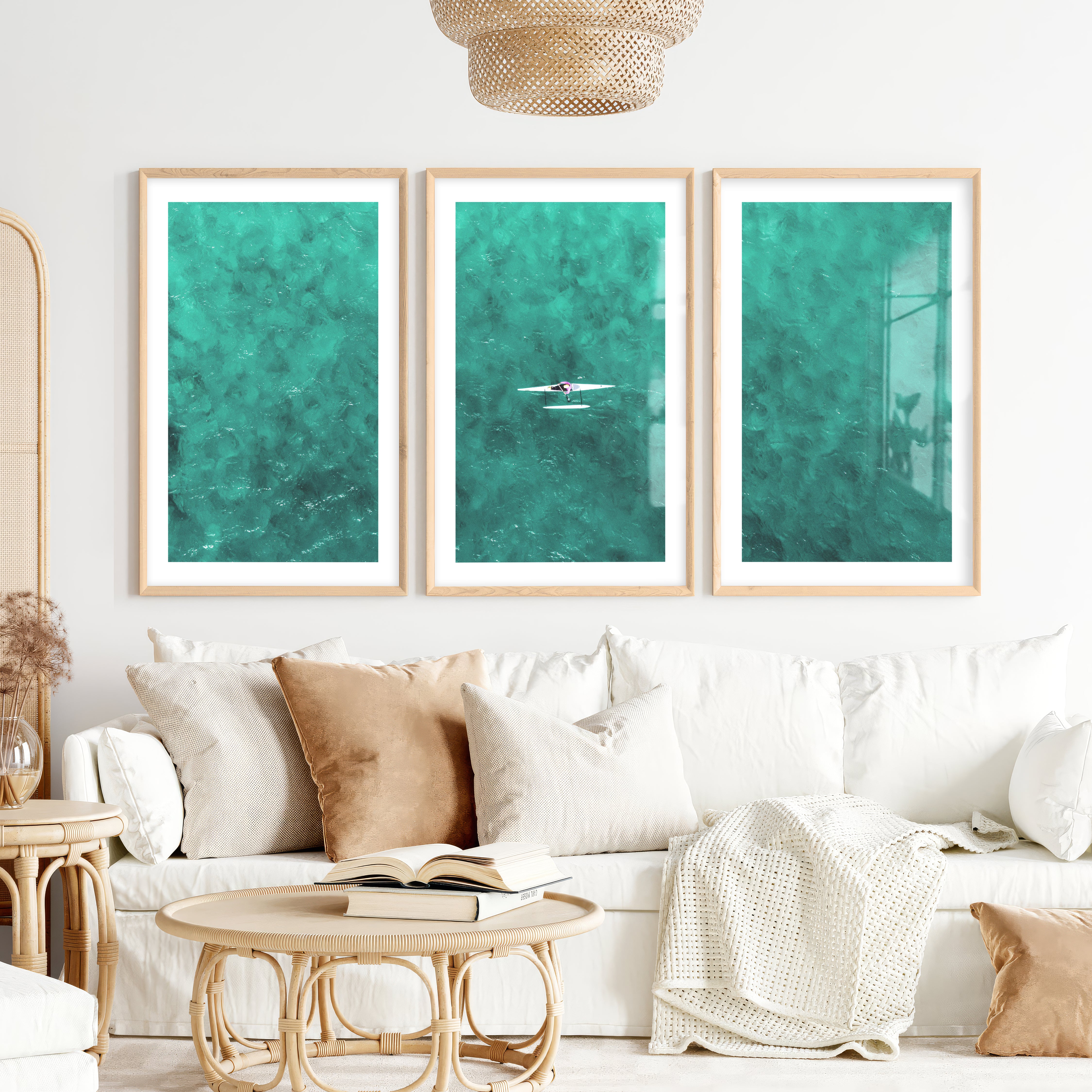 Turquoise Rower ocean inspired artwork- Natural Wood Framed Poster with White Border - Artworksets