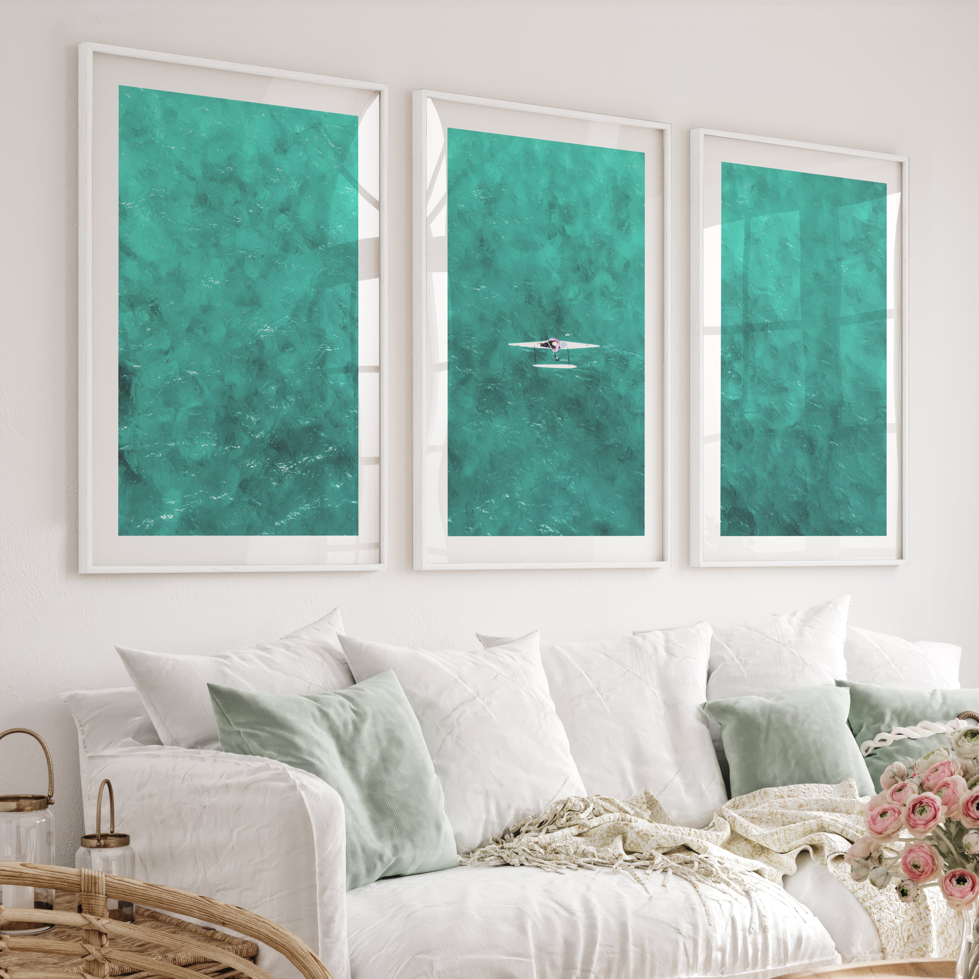 Turquoise Rower ocean inspired artwork - White Framed Poster with White Border - Artworksets