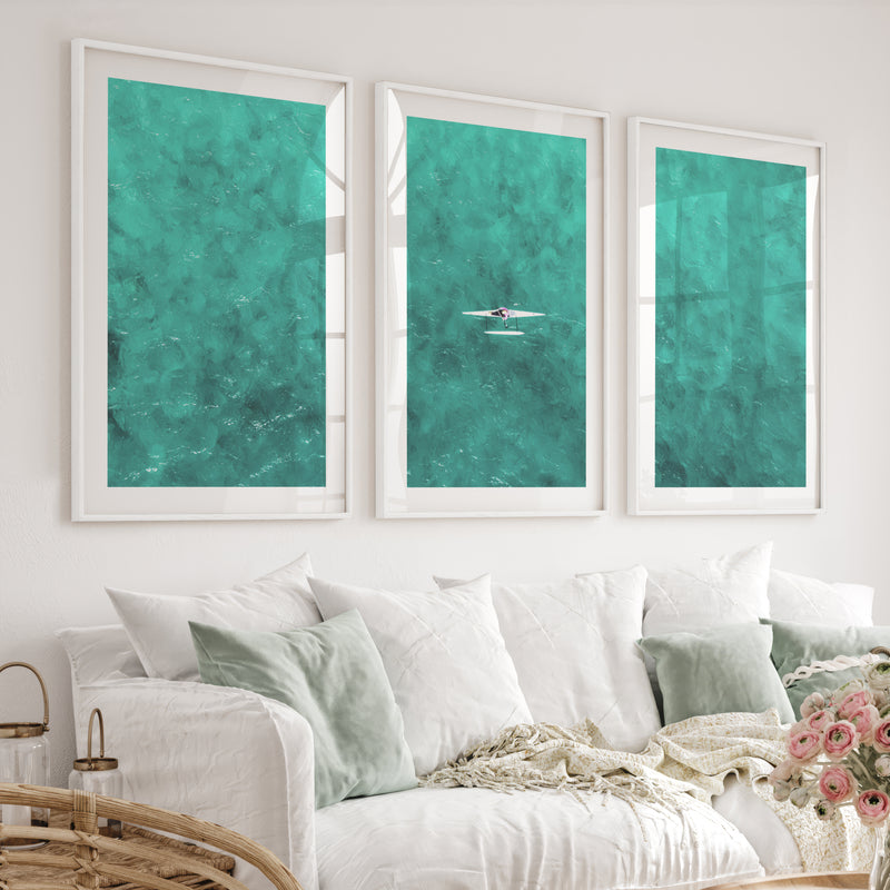 Turquoise Rower ocean inspired artwork - White Framed Poster with White Border - Artworksets
