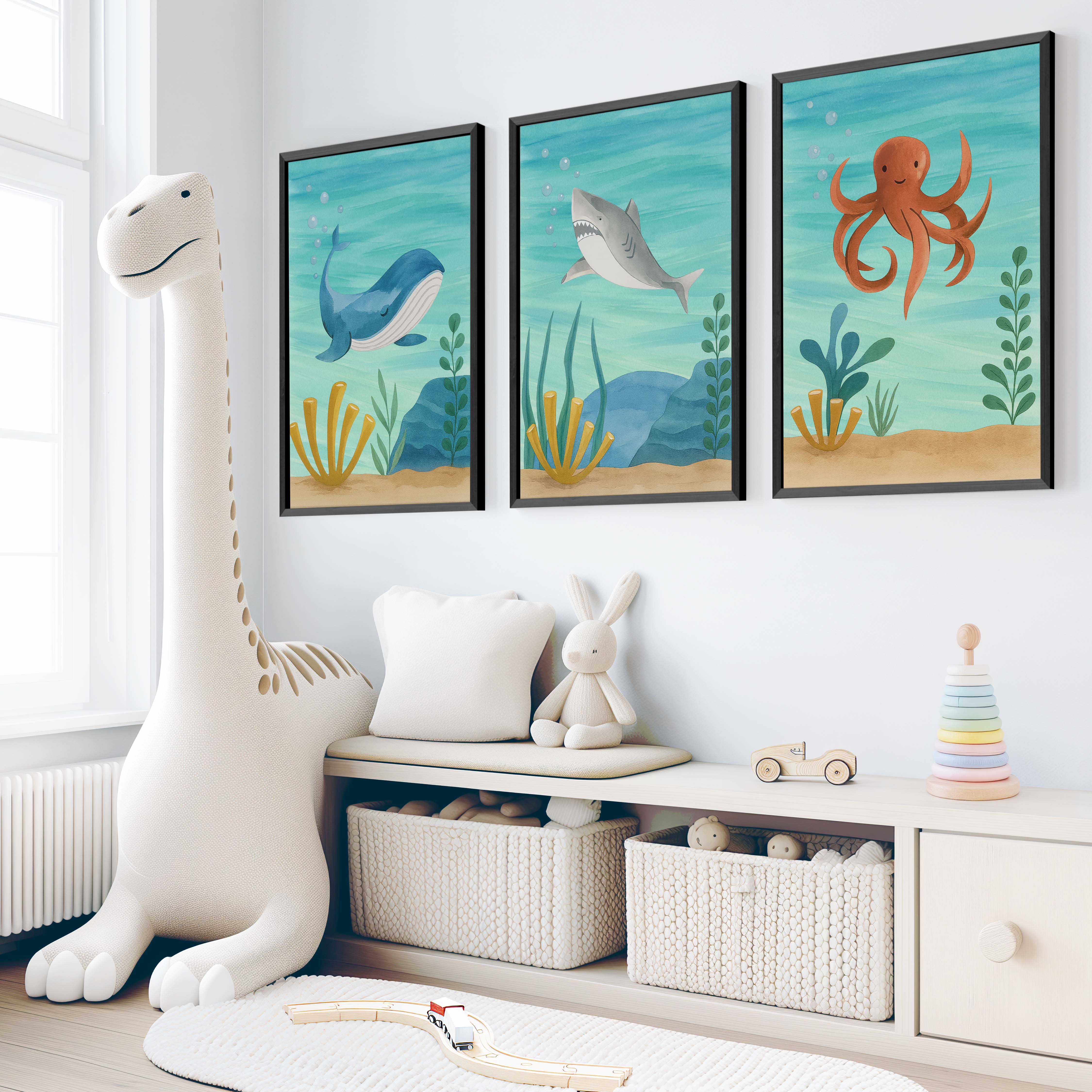 Ocean Nursery Wall Art – Whale, Shark & Octopus (Set of 3) - Black Framed Poster No Border - Artworksets