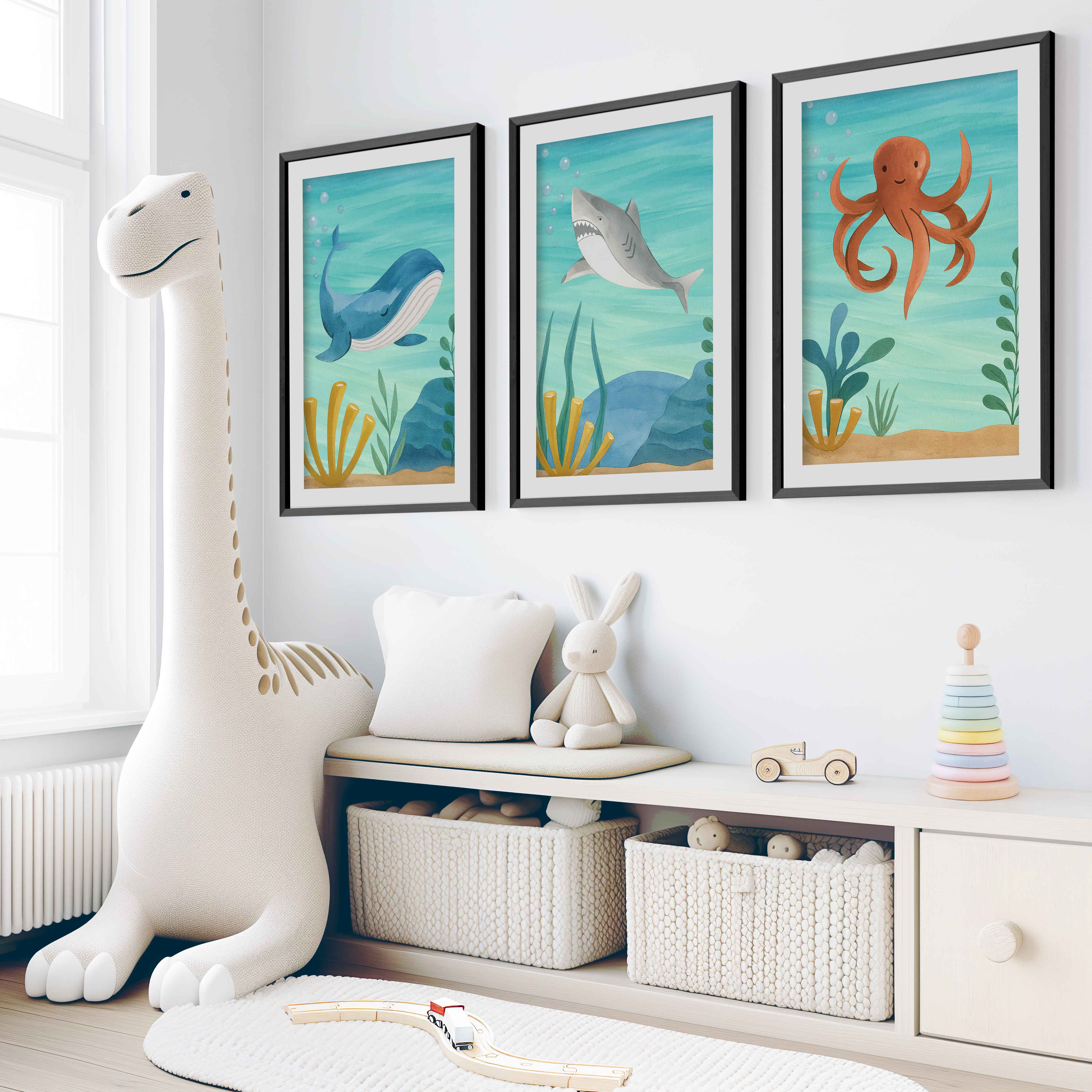 Ocean Nursery Wall Art – Whale, Shark & Octopus (Set of 3) - Black Framed Poster with White Border - Artworksets