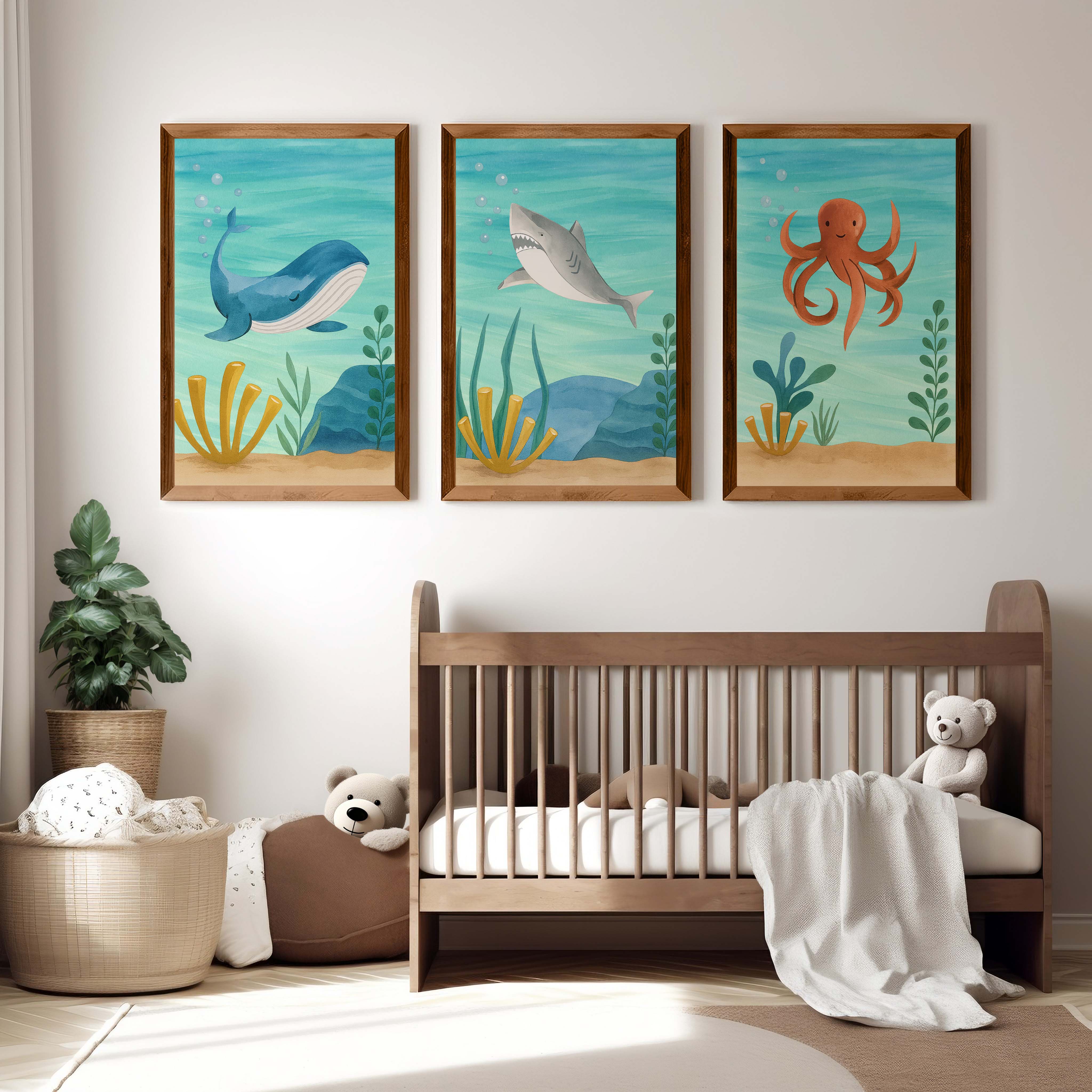 Ocean Nursery Wall Art – Whale, Shark & Octopus (Set of 3) - Dark Brown Framed Poster No Border - Artworksets