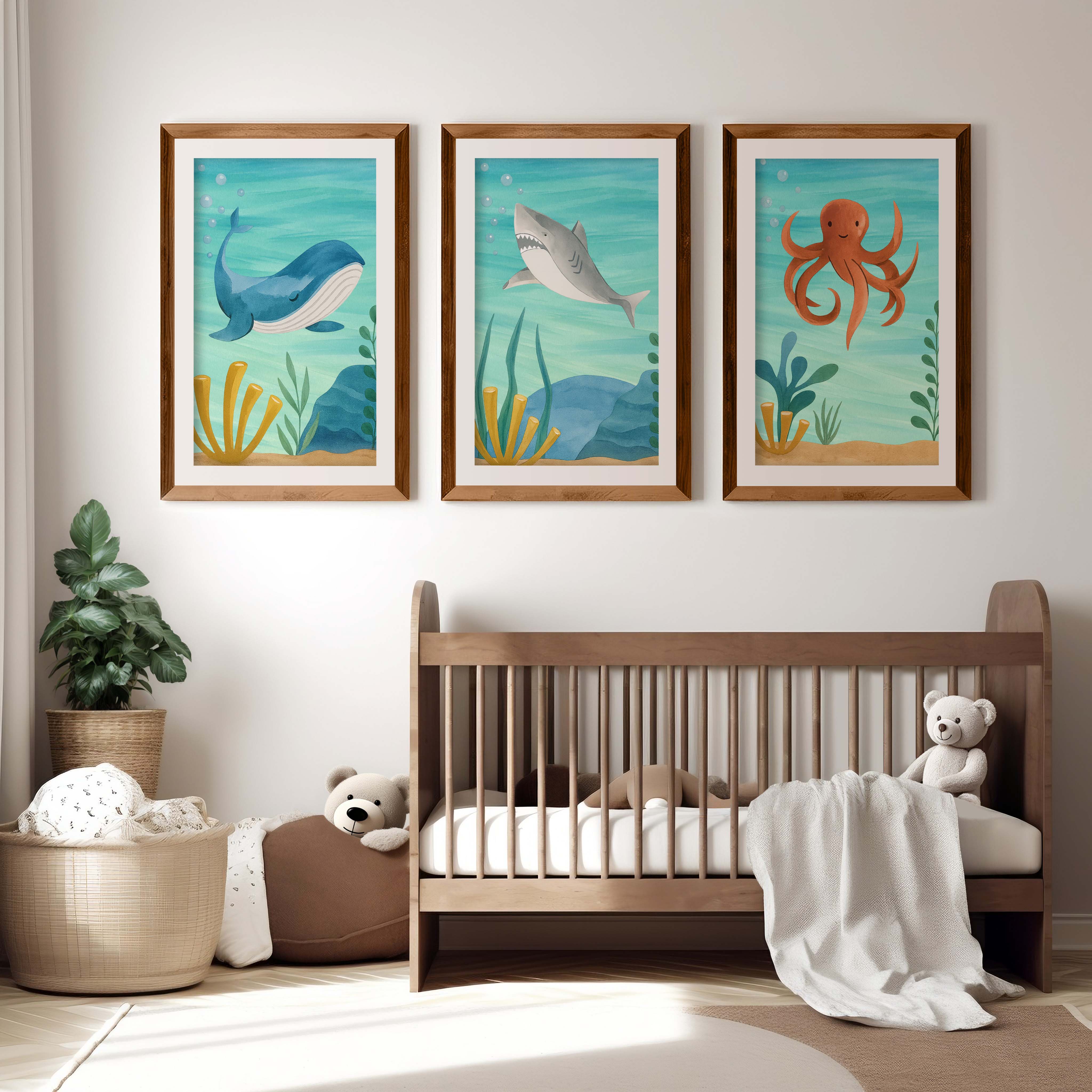 Ocean Nursery Wall Art – Whale, Shark & Octopus (Set of 3) - Dark Brown Framed Poster with White Border - Artworksets