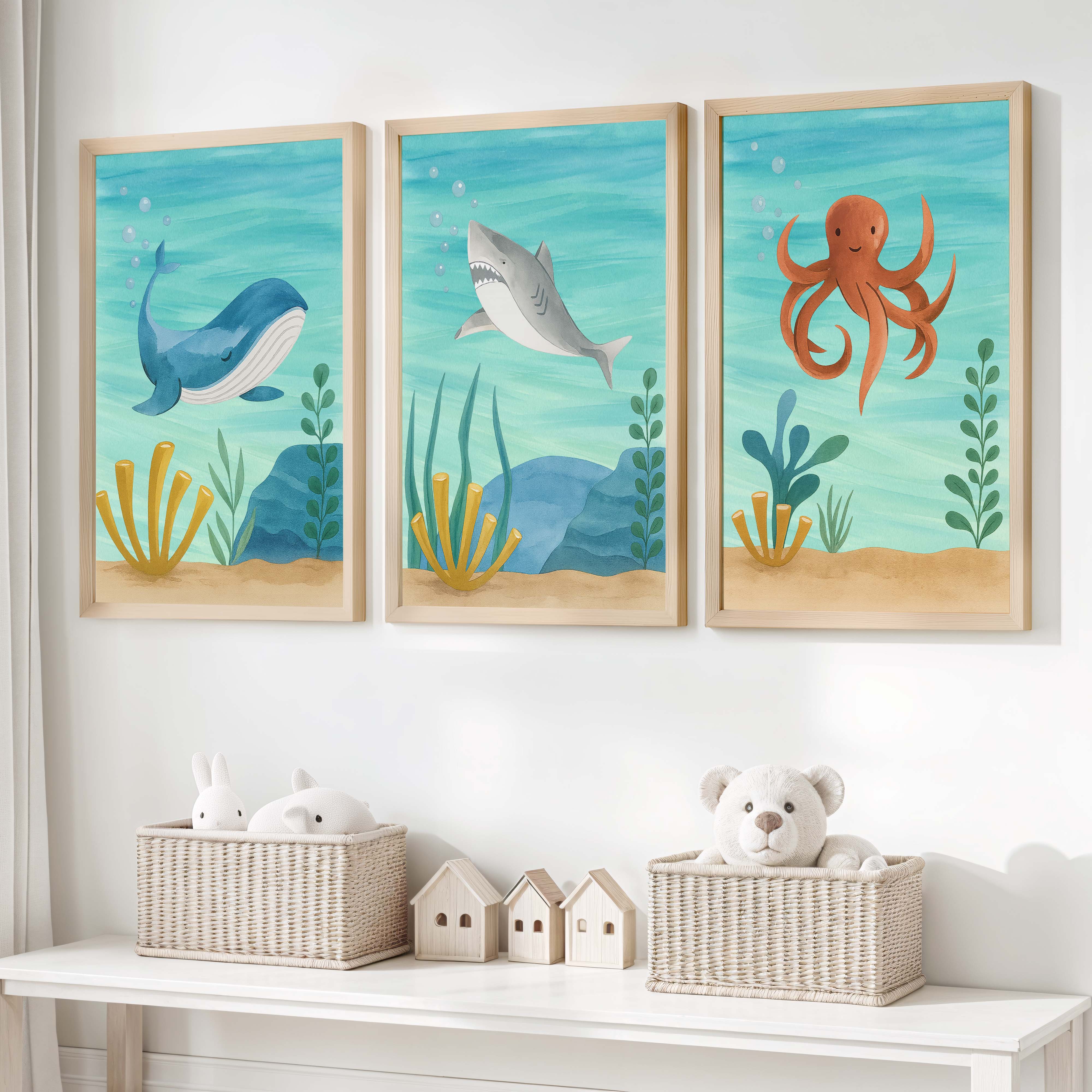 Ocean Nursery Wall Art – Whale, Shark & Octopus (Set of 3) - Natural Wood Framed Poster No Border - Artworksets