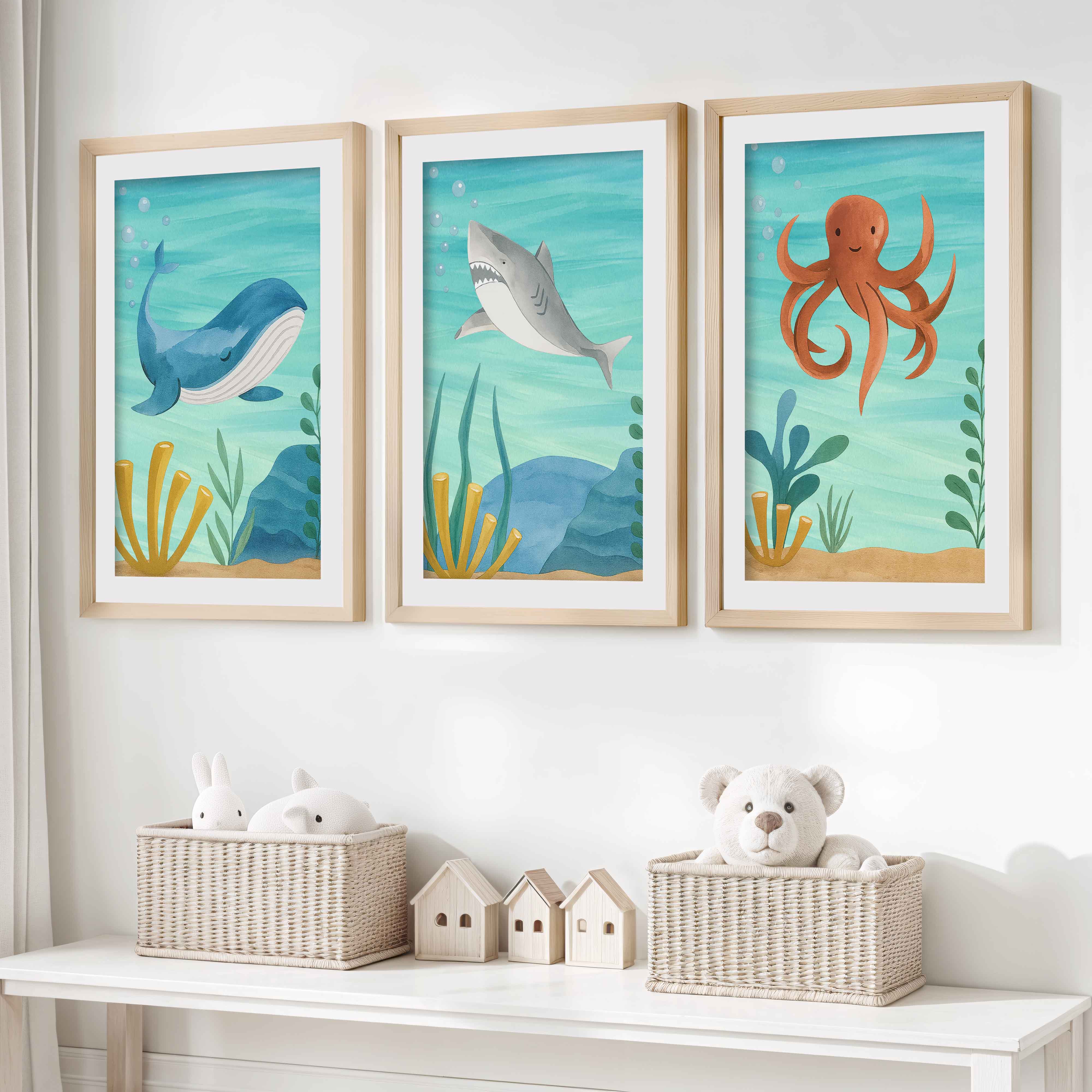Ocean Nursery Wall Art – Whale, Shark & Octopus (Set of 3)- Natural Wood Framed Poster with White Border - Artworksets