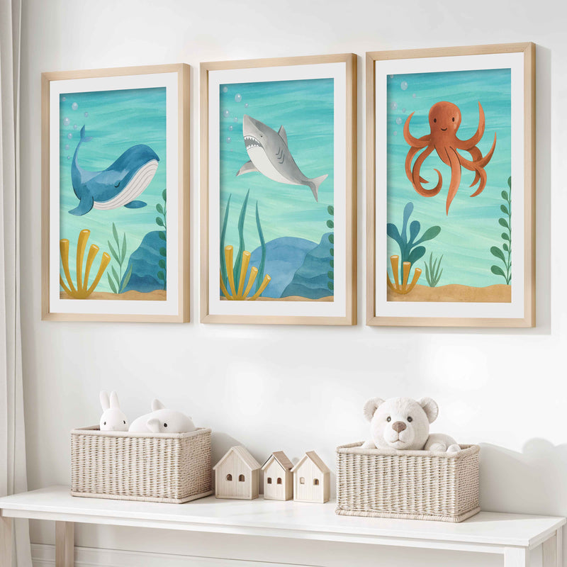 Ocean Nursery Wall Art – Whale, Shark & Octopus (Set of 3)- Natural Wood Framed Poster with White Border - Artworksets